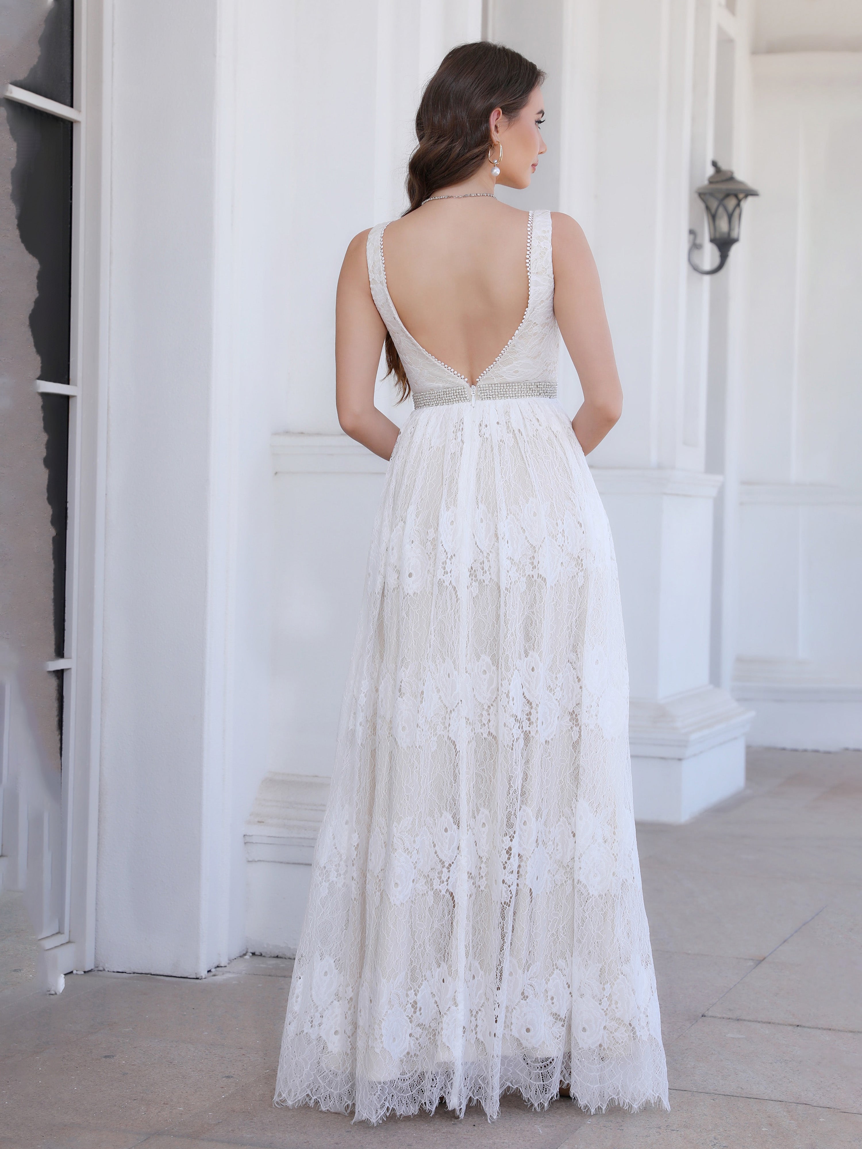 Floor Length A Line Lace Sleeveless V Neck Wedding Dress