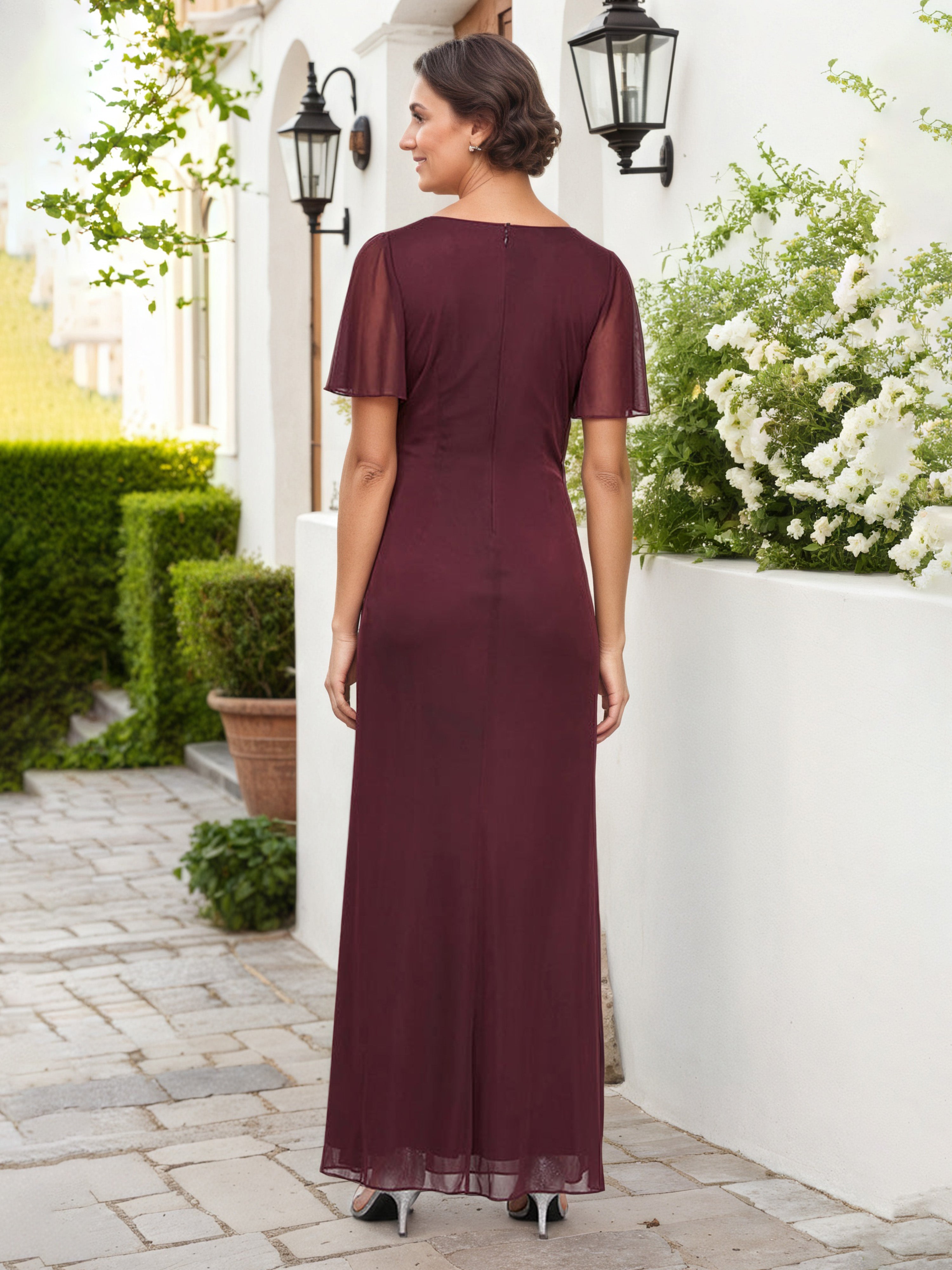 Long V-Neck Embellished Waist Chiffon Mother Of The Bride Dress