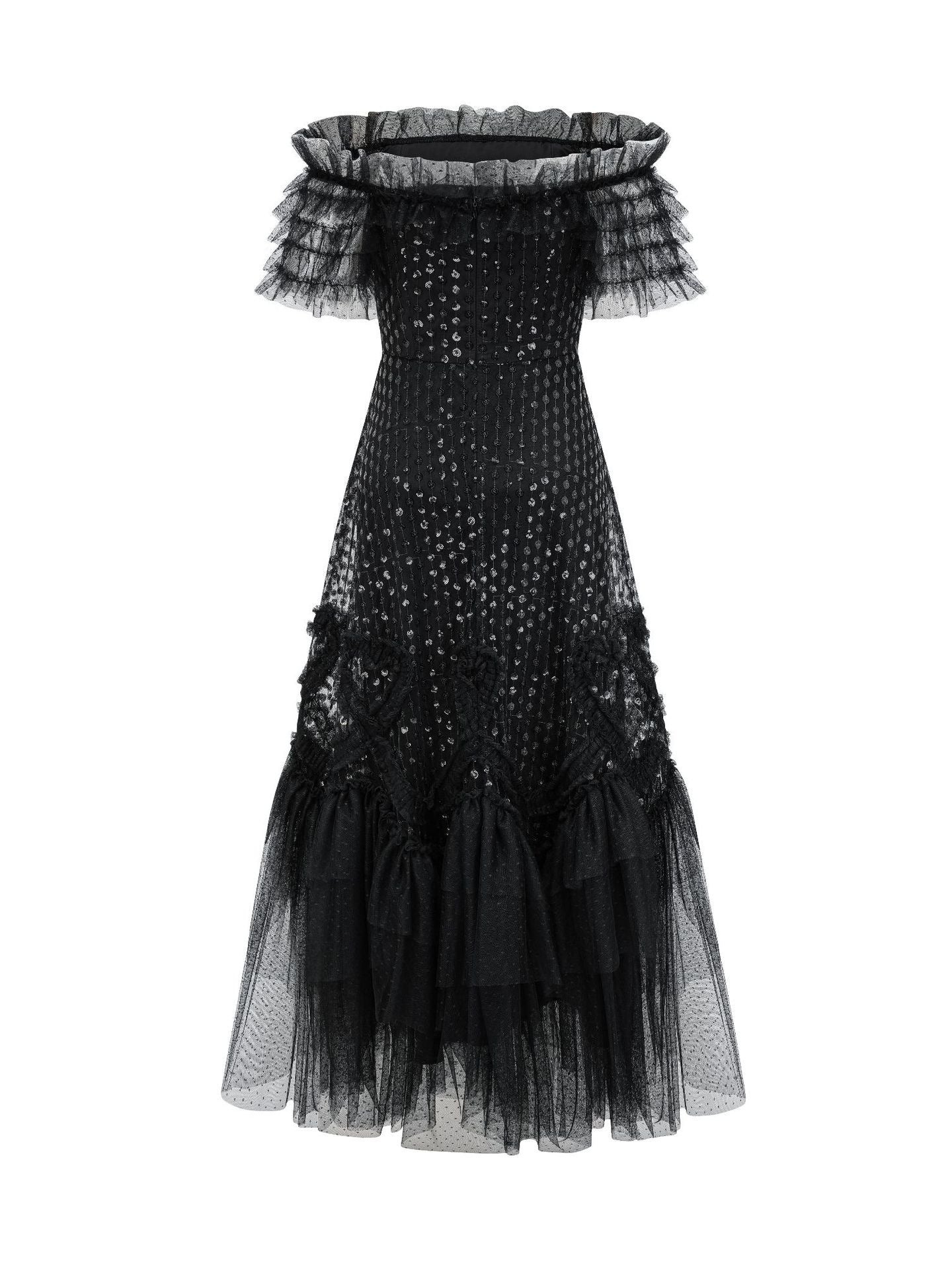 Off The Shoulder Ruffles Sequins Layers Black Long Prom Dress