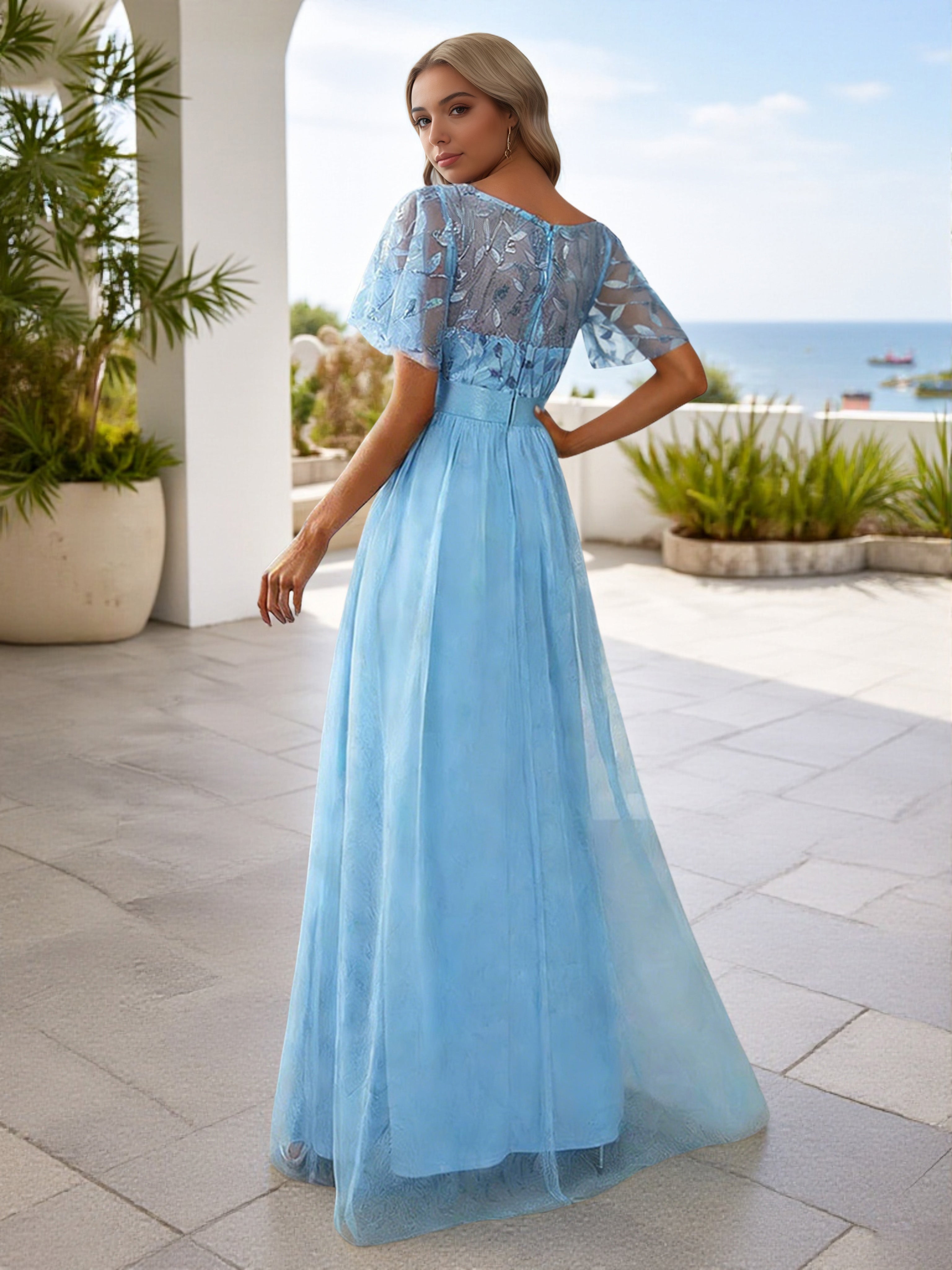 Cicinia Sky Blue Bridesmaid Dresses Tulle Lace Half Sleeves A-Line Long