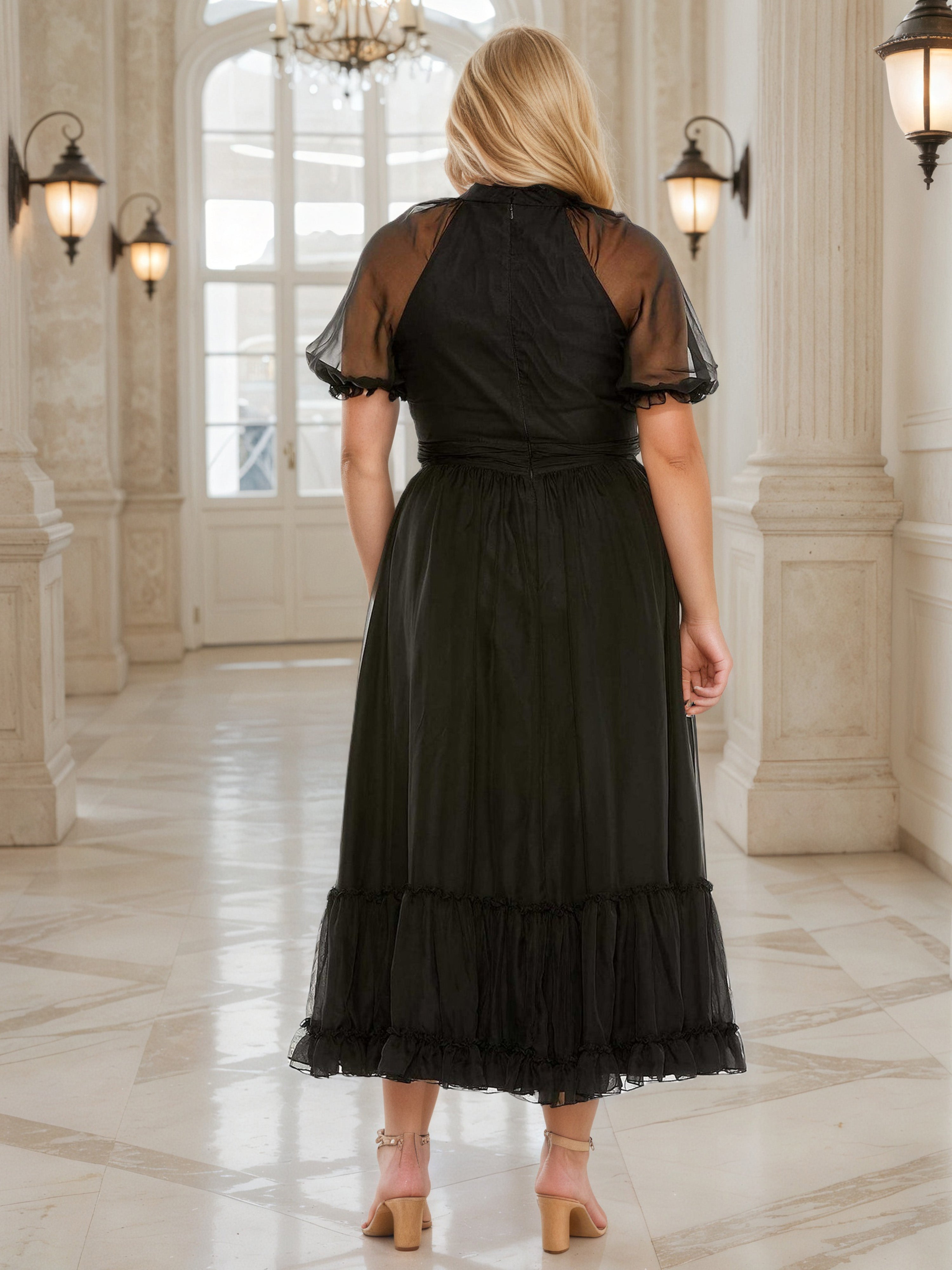 Jewel Black Prom Dress A-Line Tea Length Short Sleeves Plus Size Dress