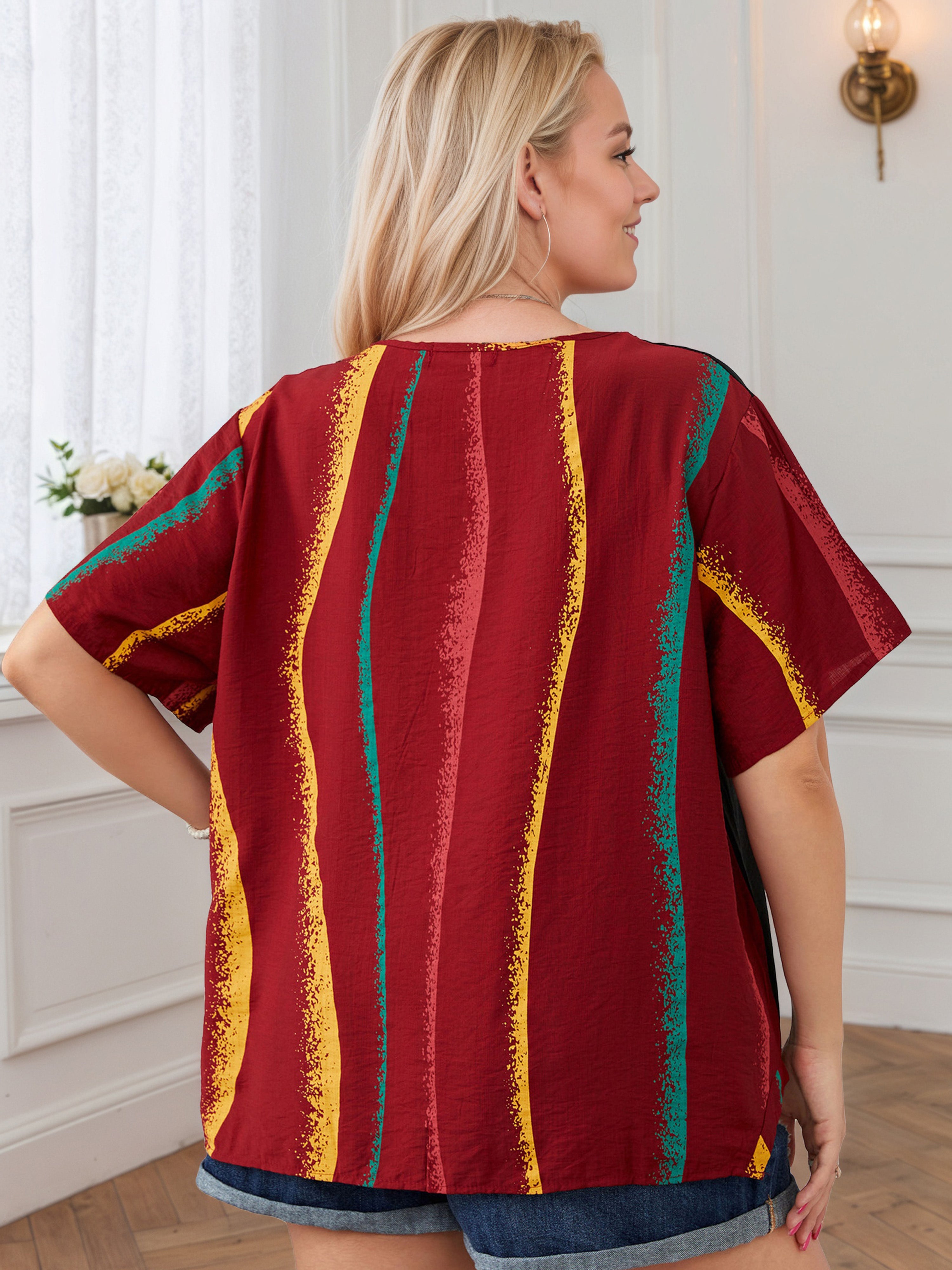 Plus Striped Print Red Contrast Blouse