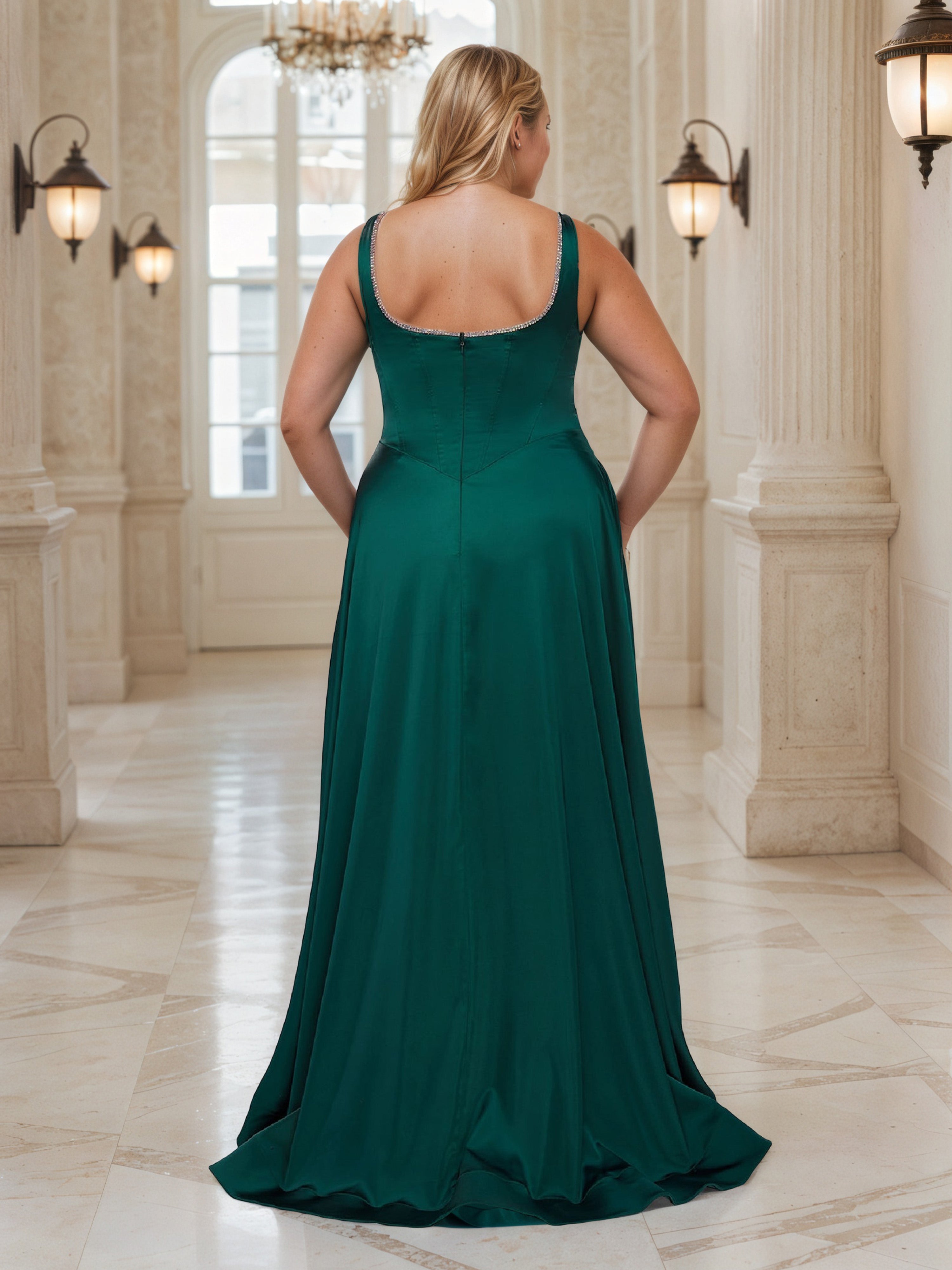 Scoop Dark Green Prom Dress Sweep/Brush Train A-Line Plus Size Dress