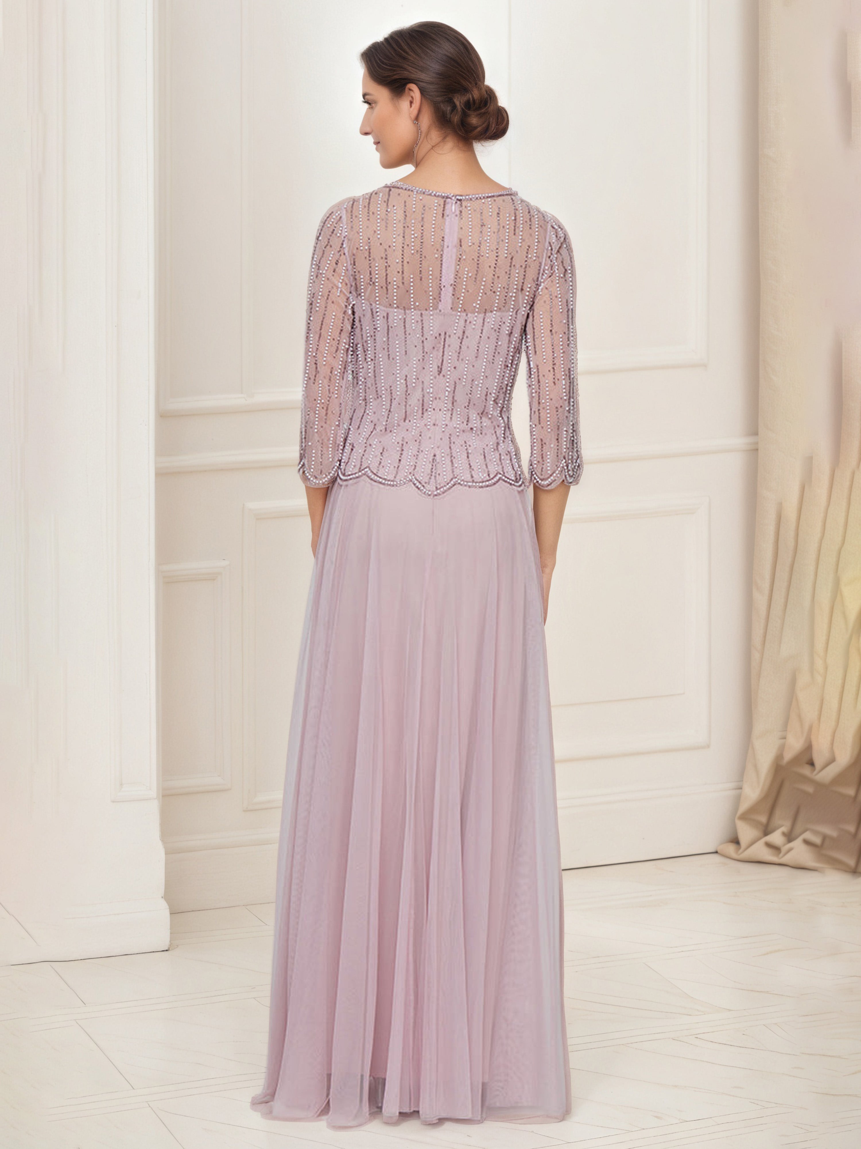 3/4 Sleeves Dress Mock Two Pieces Beaded Tulle Wisteria Mother Of The Bride Dress