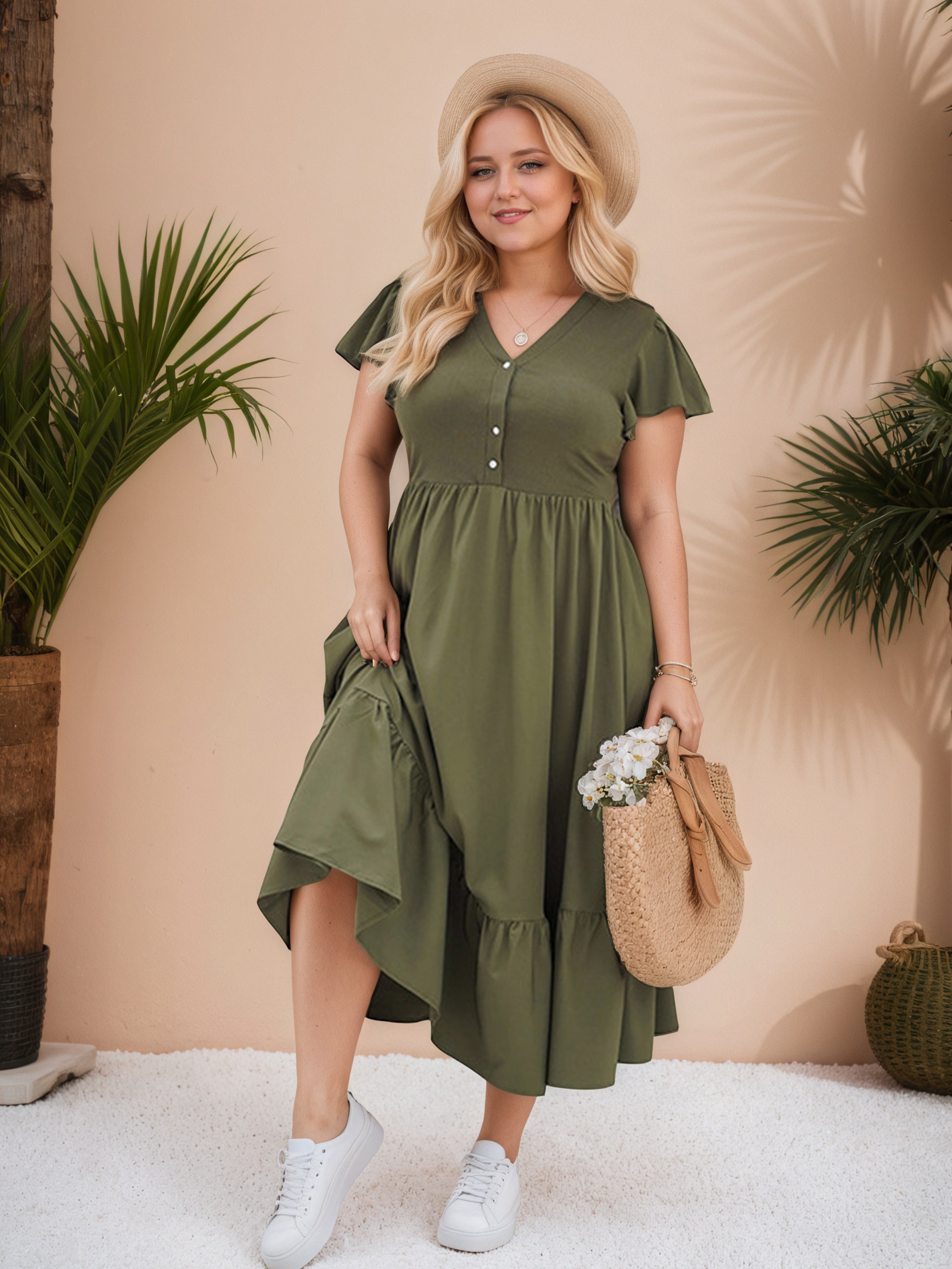 Dark Olive Green Ruffle Hem V-Neck Plus Size Dress