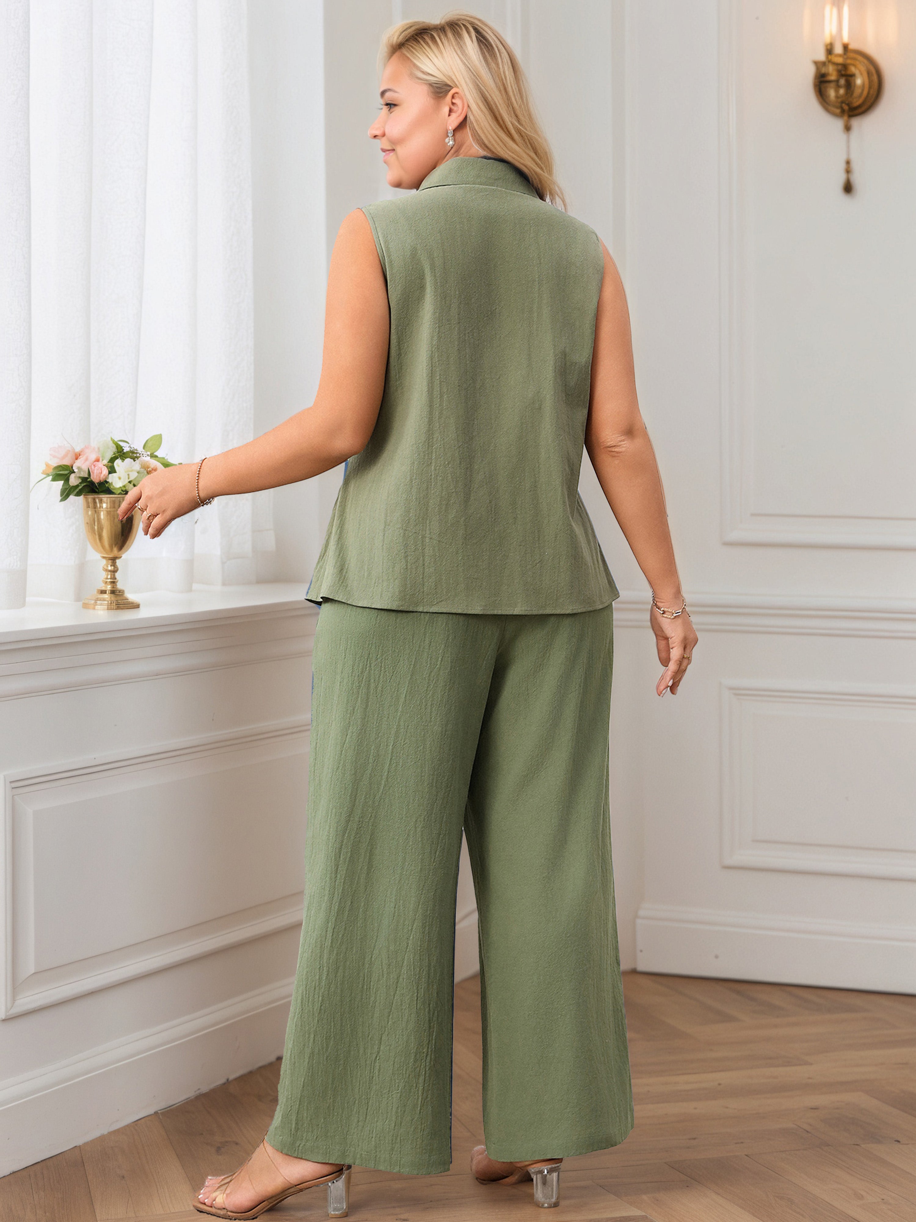 Olive Green Bottom Front Sleeveless Loose Plus Size Suits