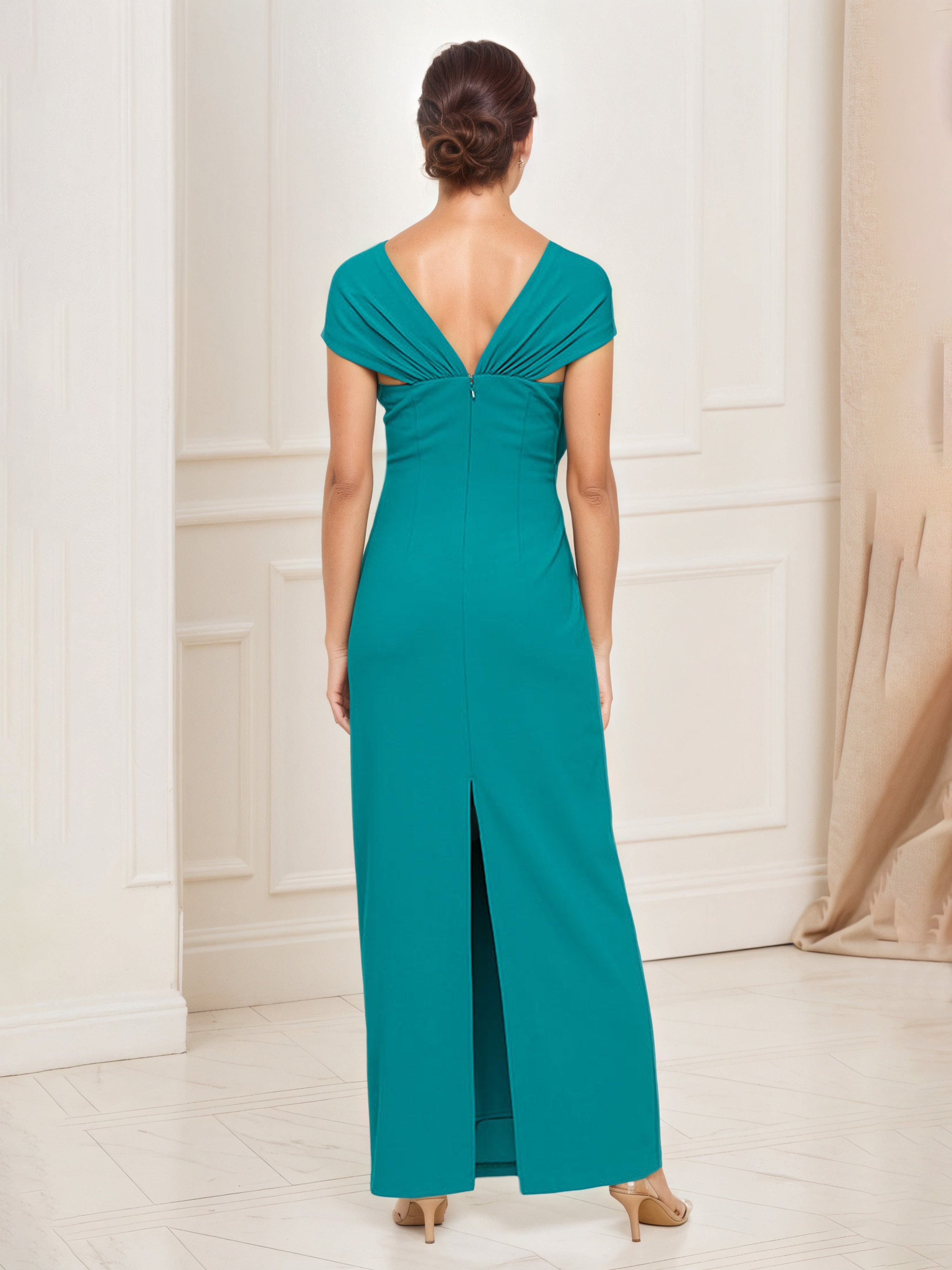Jade Mother Of The Bride Dress Sheath Beaded Neckline Illusion Sleeves Long Dress