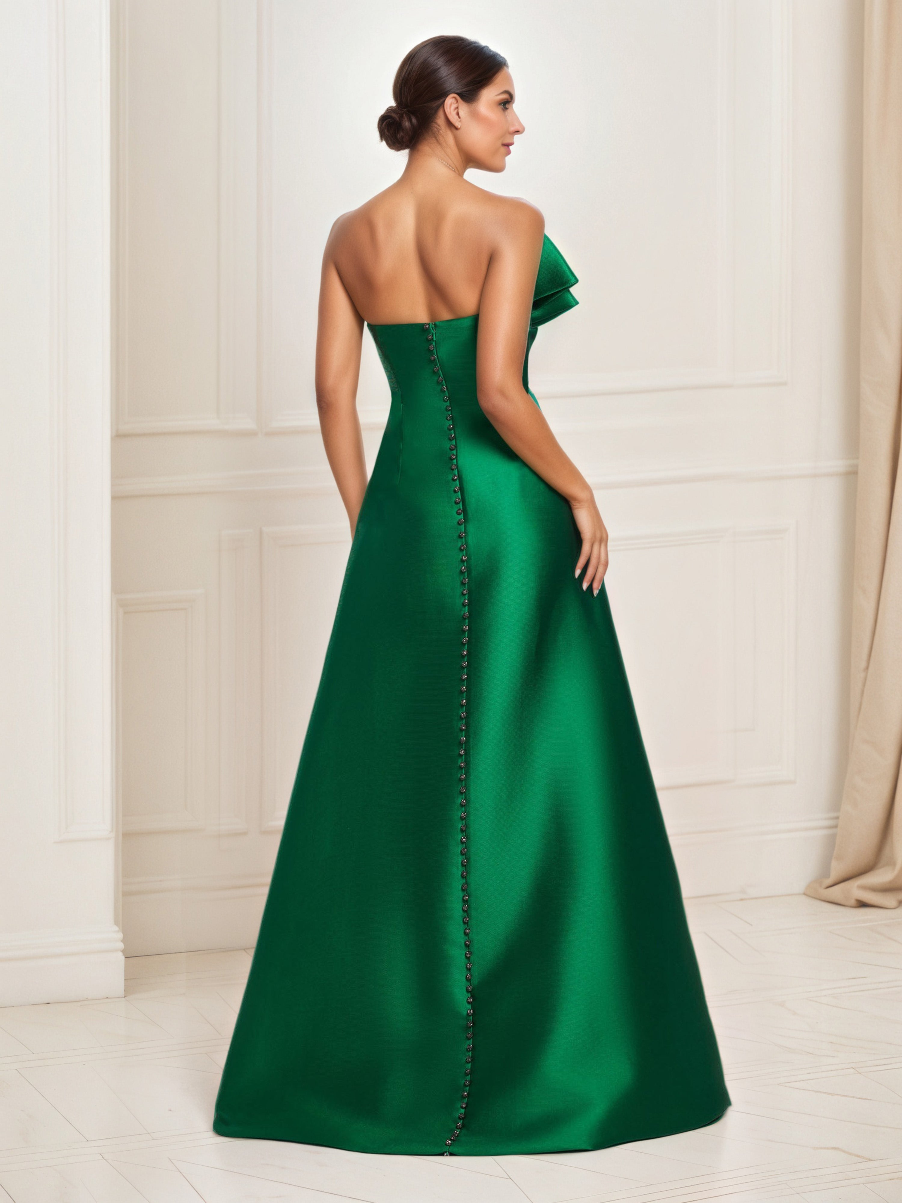 Satin Dark Green Prom Dress Floor Length A-Line Prom Dress with Strapless Ruffled Accent