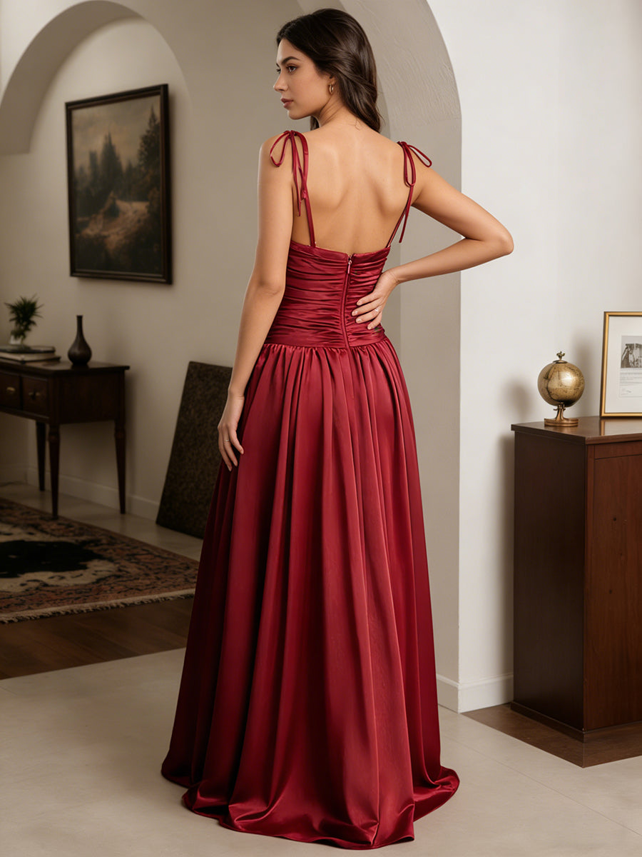 Cicinia Burgundy Prom Dresses A-Line Satin Spaghetti Straps Pleats Long Party Gowns