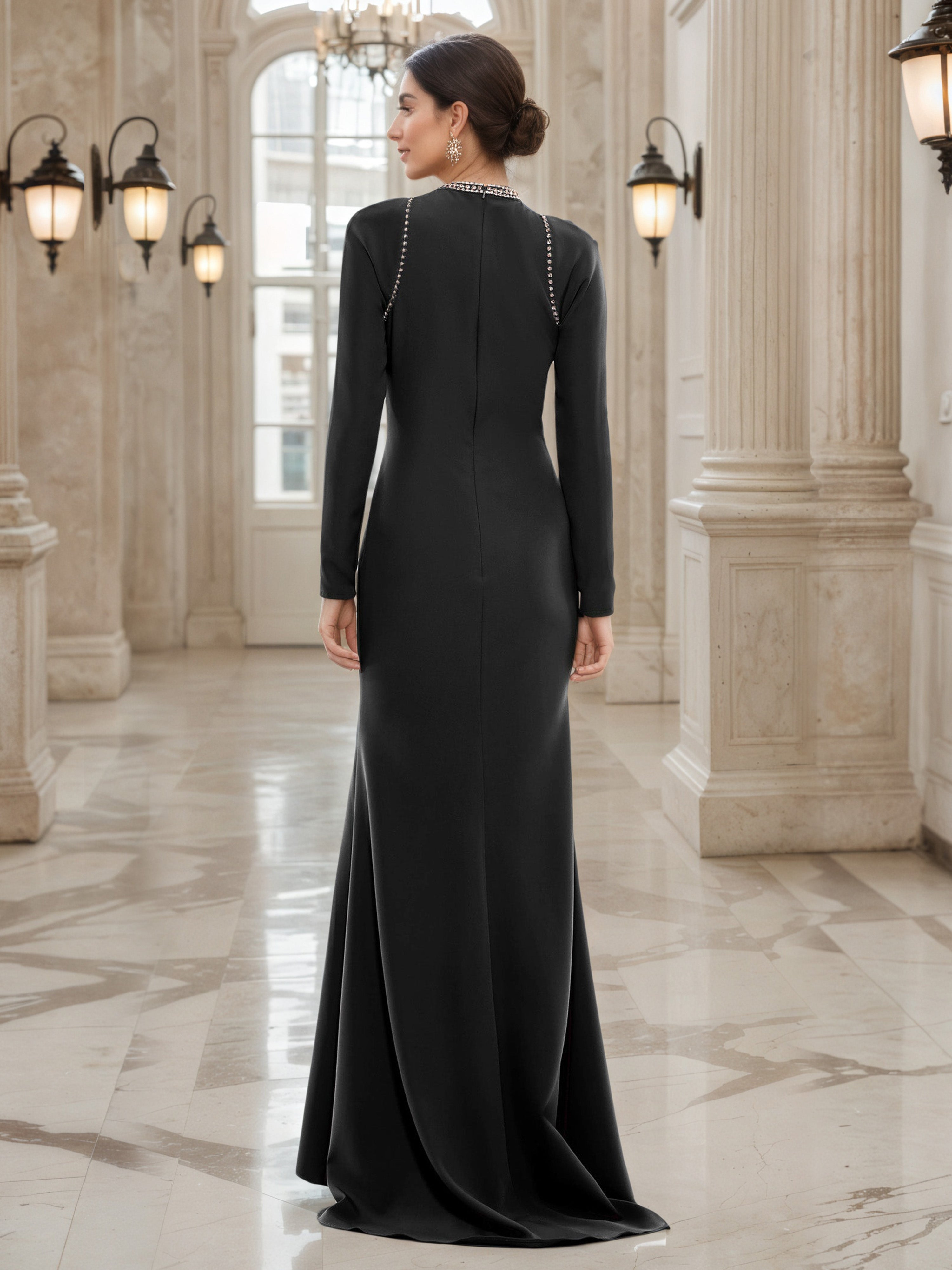 Black Prom Dress Sheath Beaded Neckline Long Sleeves Women's Gown