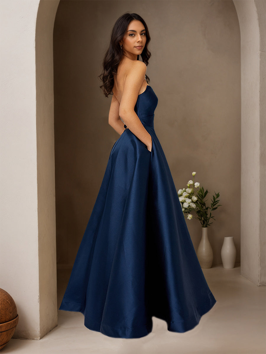 Cicinia Dark Navy Prom Dresses Satin A-Line Floor Length Strapless Evening Gown