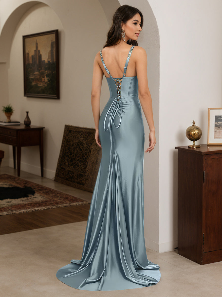 Cicinia Dusty Blue Prom Dresses Straps Beading Sheath Sleeveless Dress Sweep Train