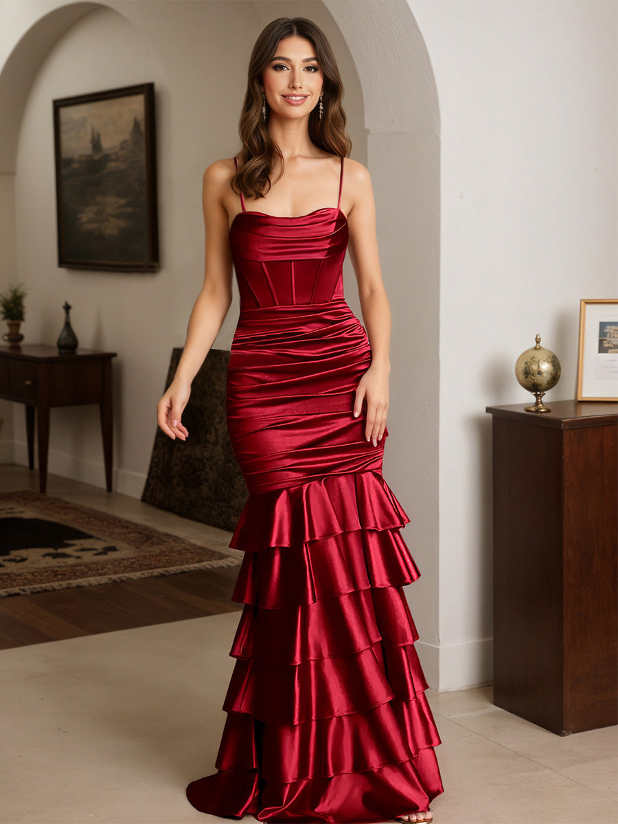 Cicinia Burgundy Prom Dresses Stretch Satin Trumpet/Mermaid Layers Spaghetti Straps Gowns