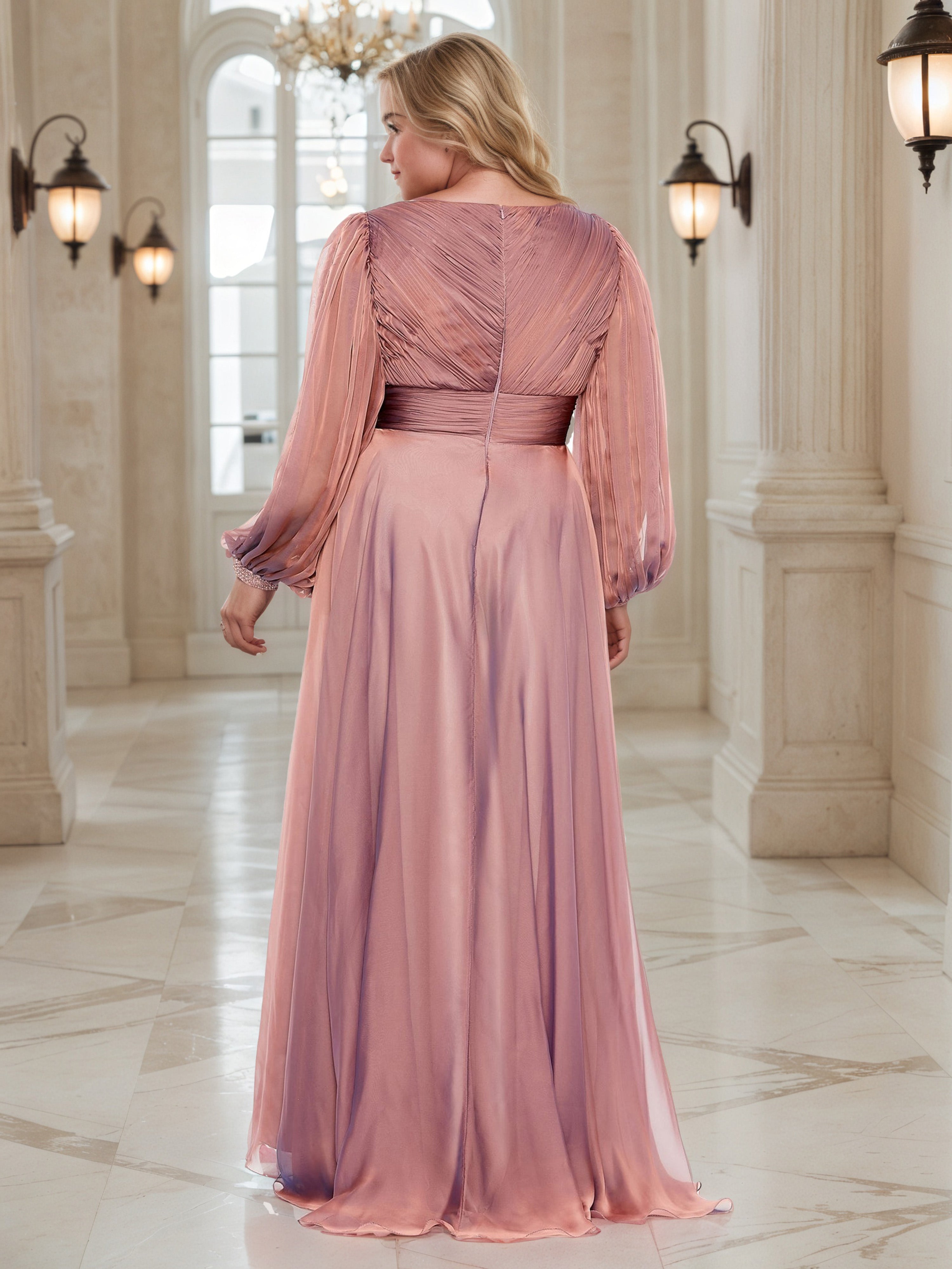 V-Neck Cameo Brown A-Line Illusion Long Sleeves Floor Length Plus Size Dress with Split