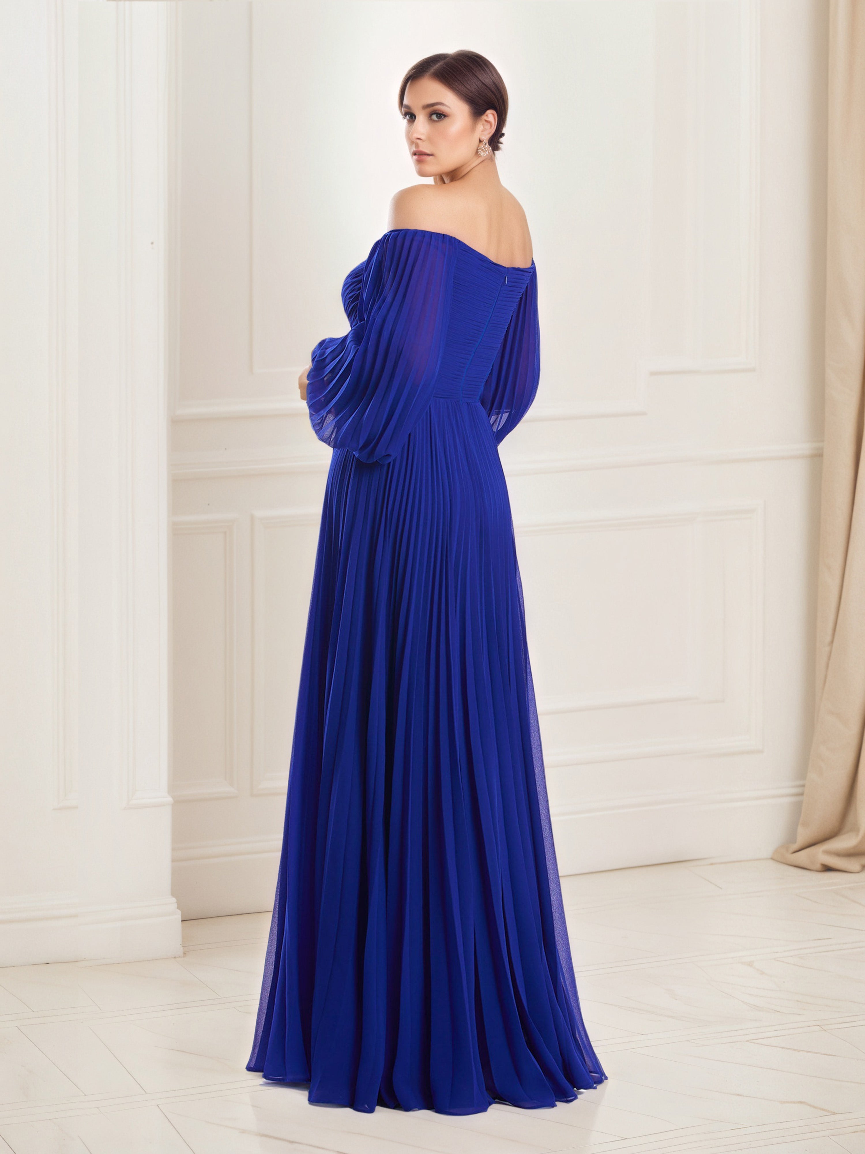 Royal Blue Prom Dress Off The Shoulder Neckline Long A-Line Prom Dresses