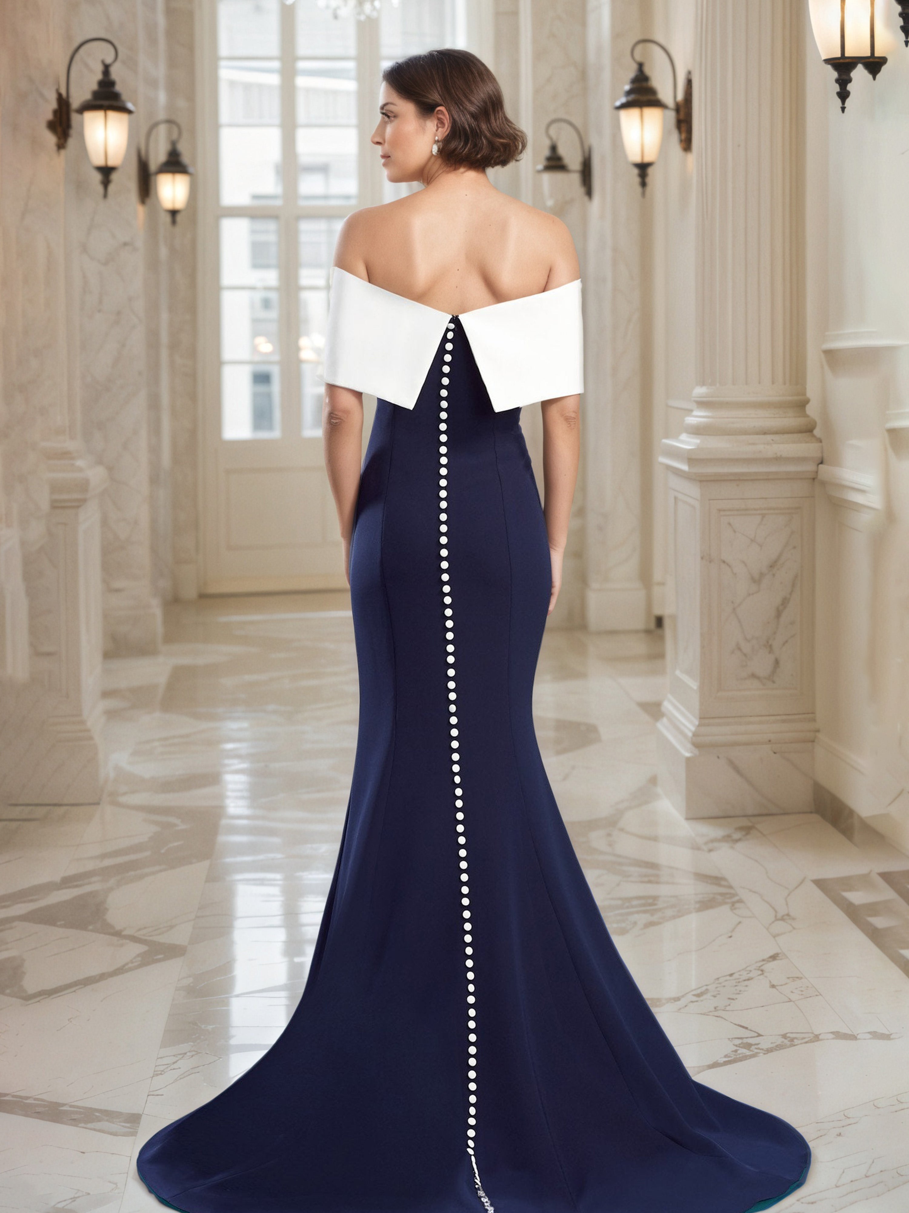 Navy and White Prom Dresses Sheath Long Off The Shoulder Prom Dress