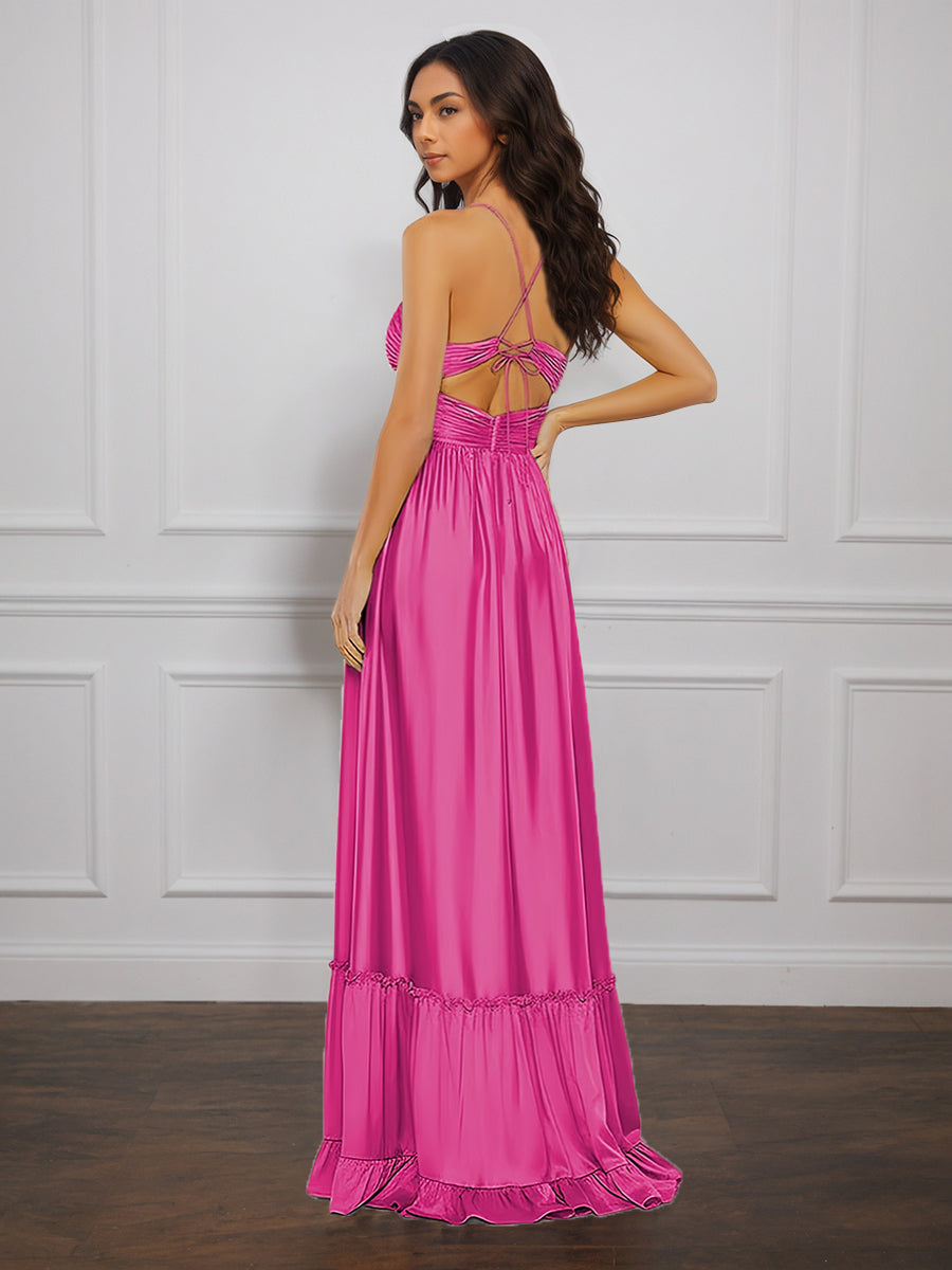 Cicinia Azalea Prom Dress with Spaghetti Straps Ruched Soft Satin A-Line Formal Evening Gowns