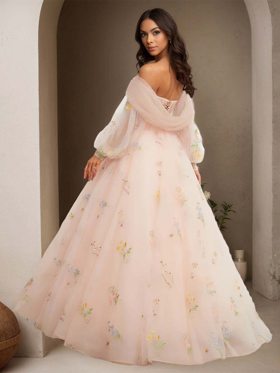 Cicinia Pearl Pink Prom Dresses Tulle Off The Shoulder Lace A-Line Long Princess Dress