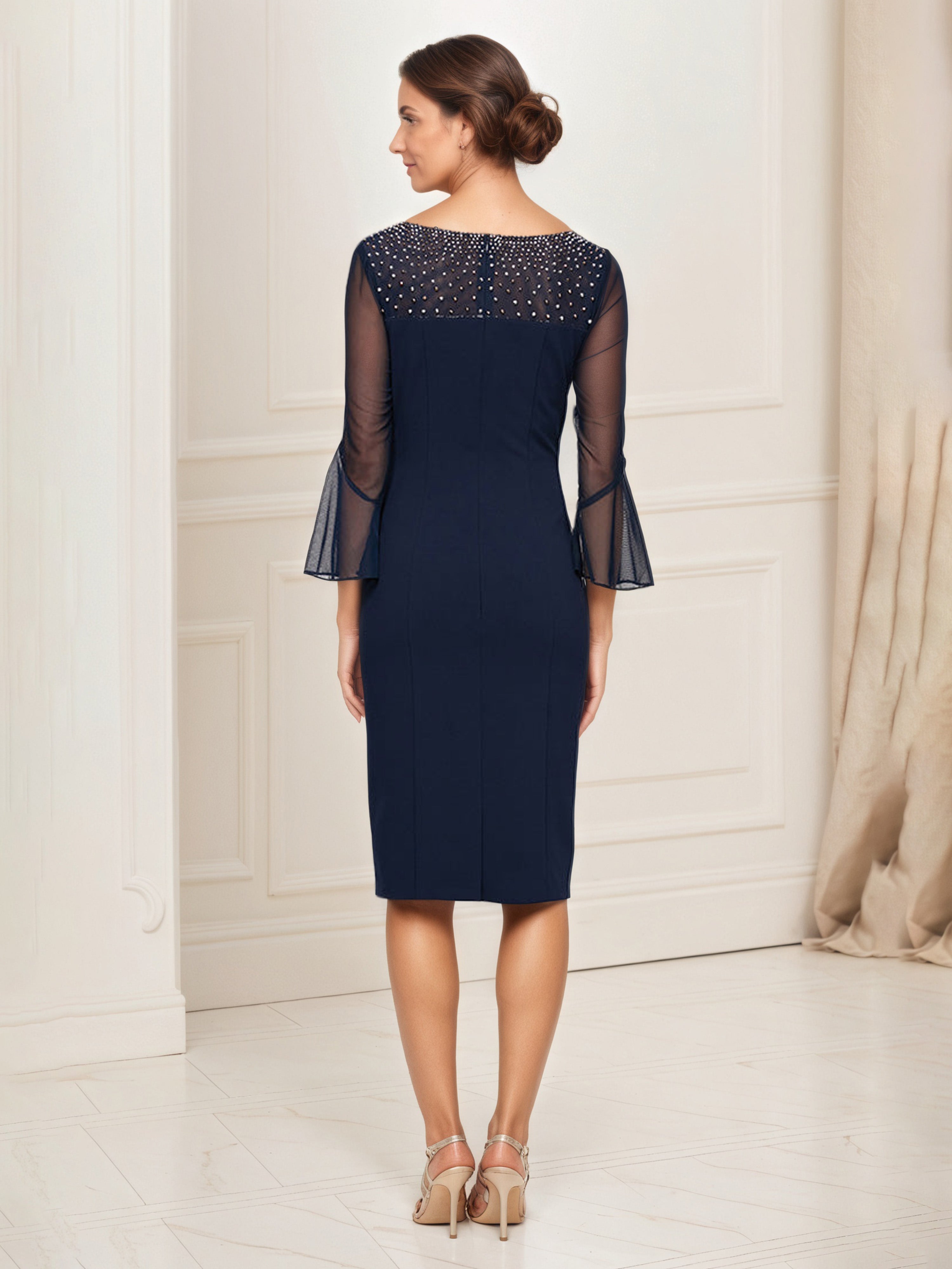 Sheath Beaded Neckline Illusion Sleeves Midi Navy Mother Of The Bride Dress