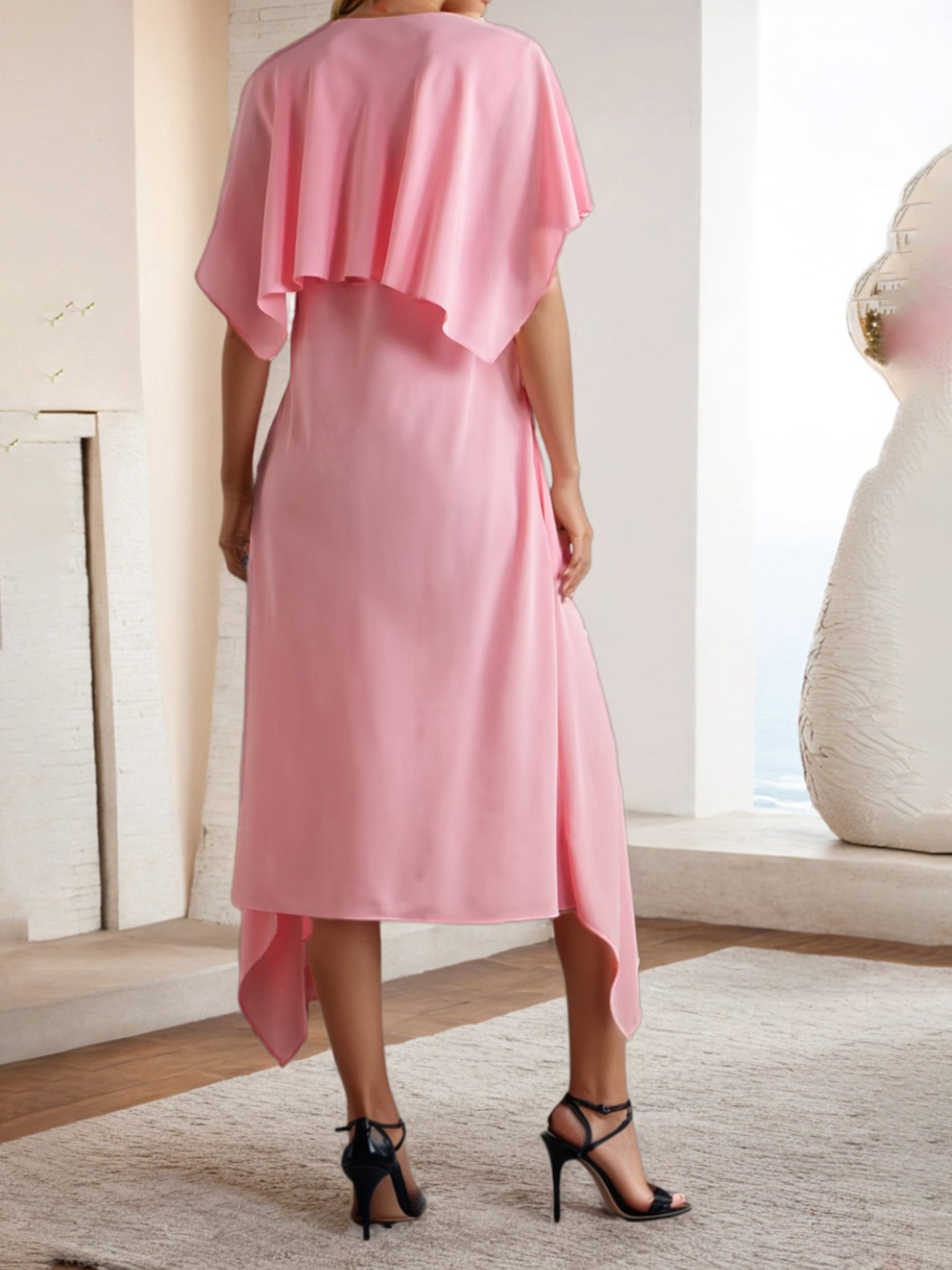 Candy Pink Prom Dresses A Line V Neck Short Sleeves Chiffon Tea Length Prom Dress