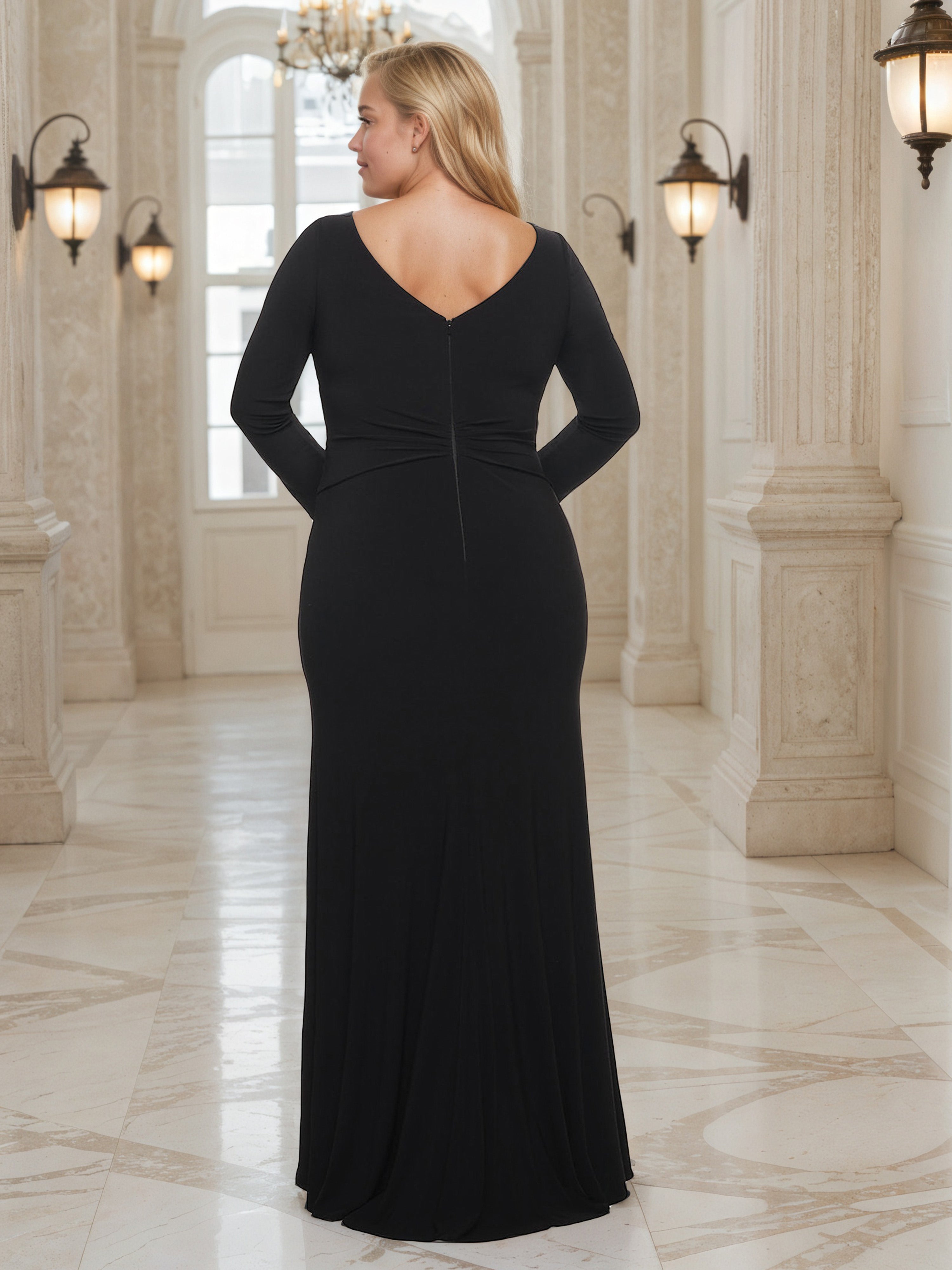 Long Sleeves V-Neck Sheath Pleats Plus Size Dress with Split