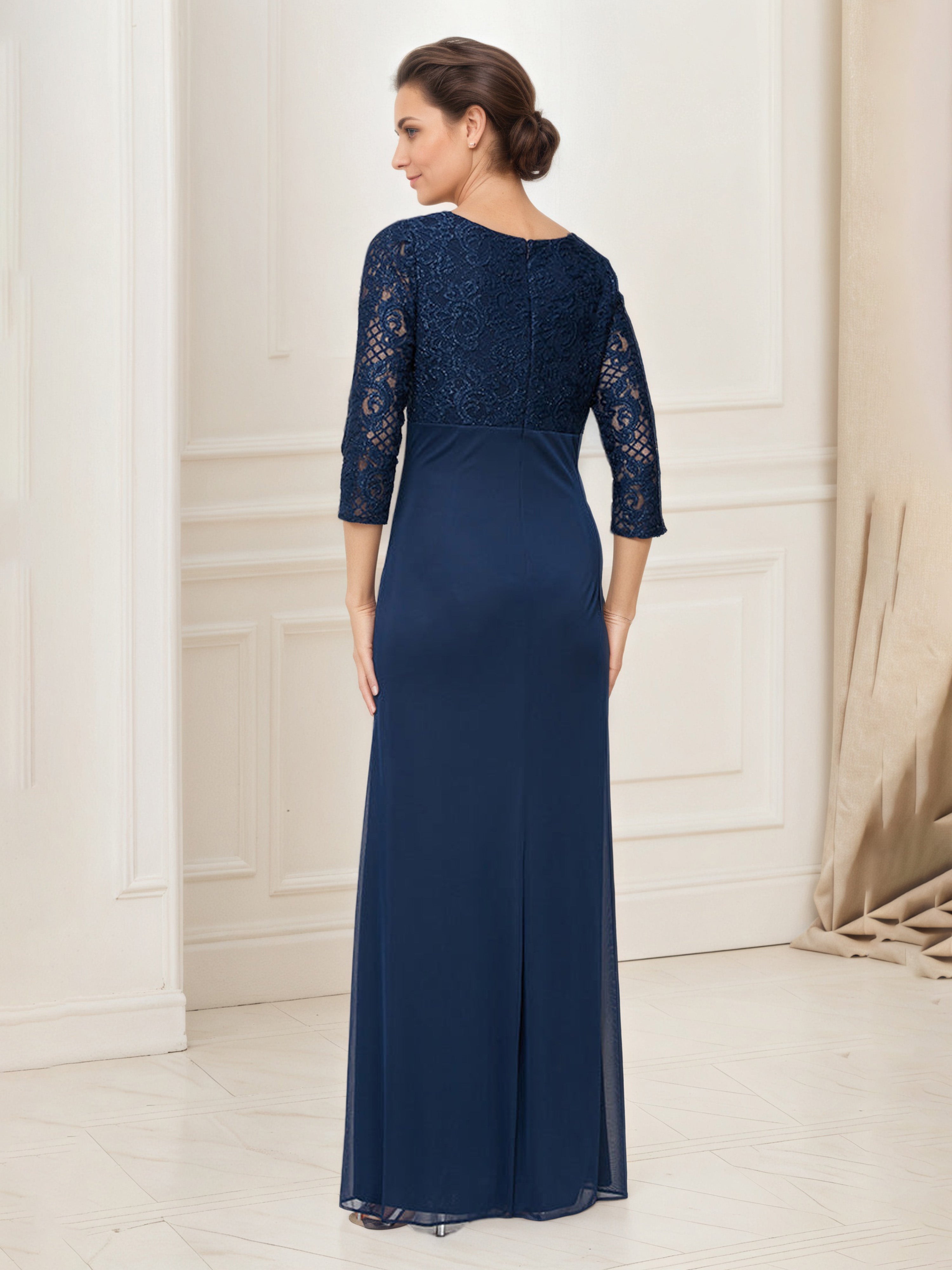 Navy Blue Sheath/Column V-Neck Illusion Floor-Length Lace Chiffon Mother of the Bride Dress