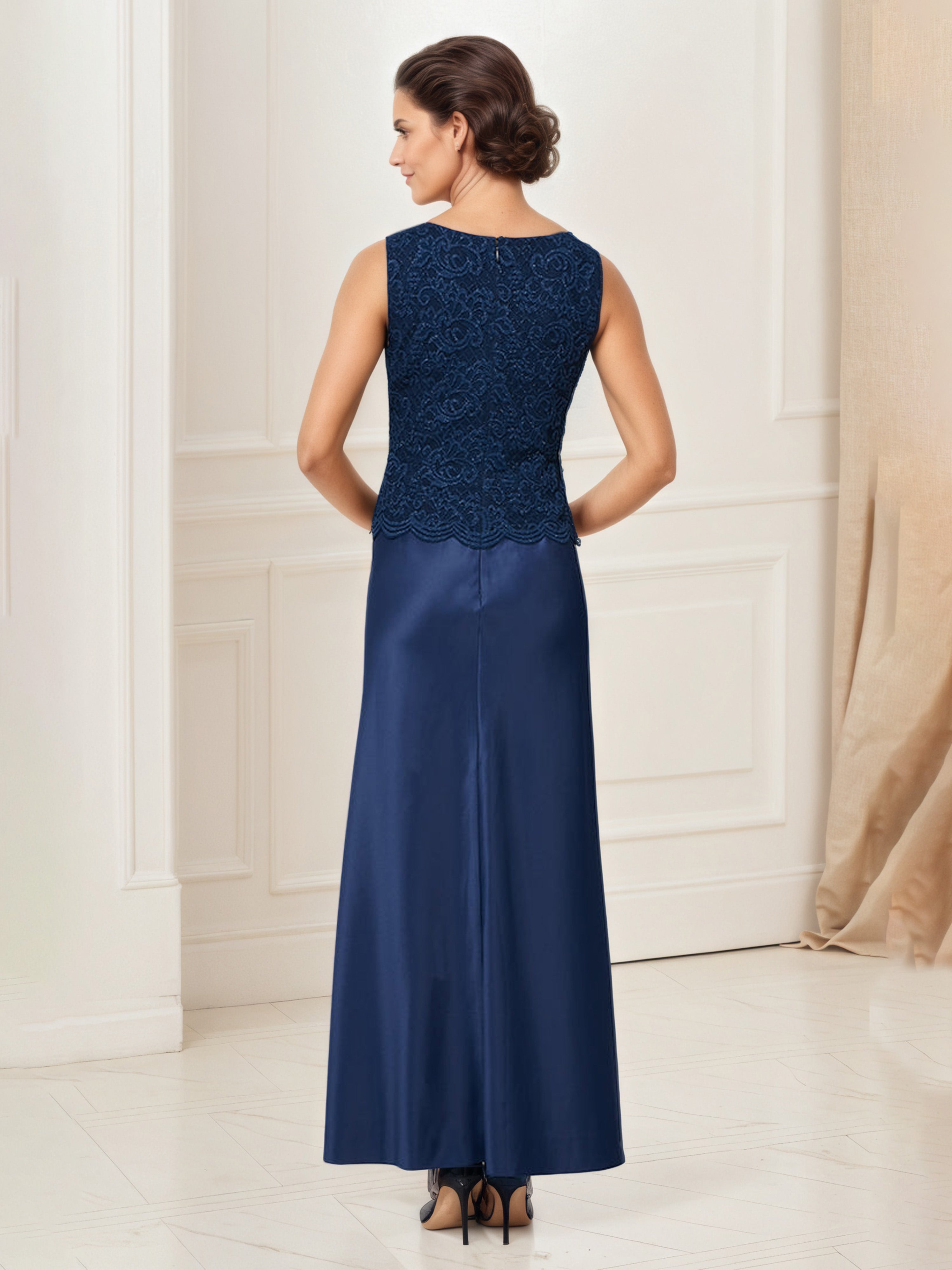 Glitter Lace Bodice Satin Dark Navy Mother Of The Bride Dress with Lace Jacket
