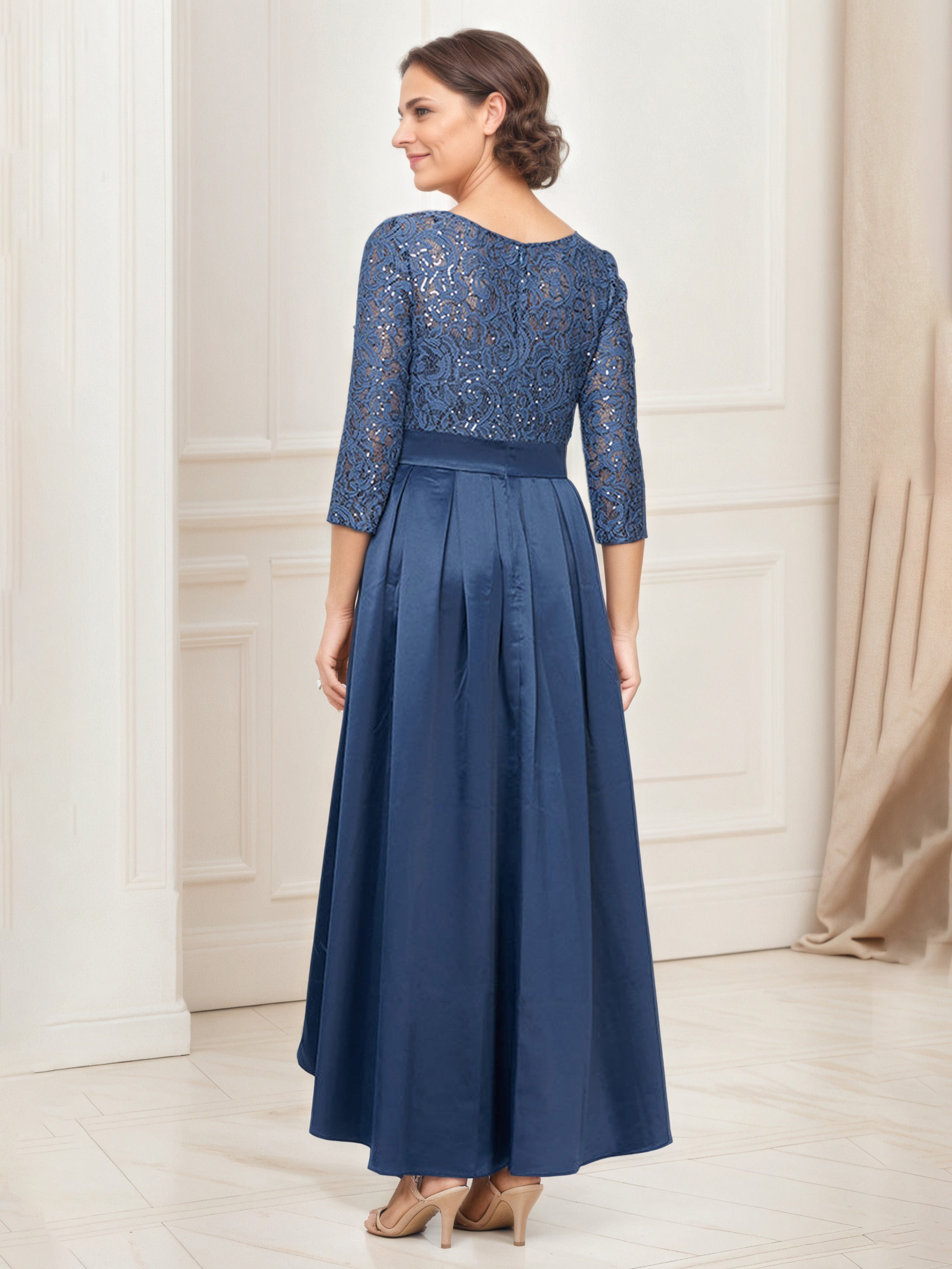Wedgewood Sequin Lace Mother Of The Bride Dress with Satin Skirt Ribbon Belt