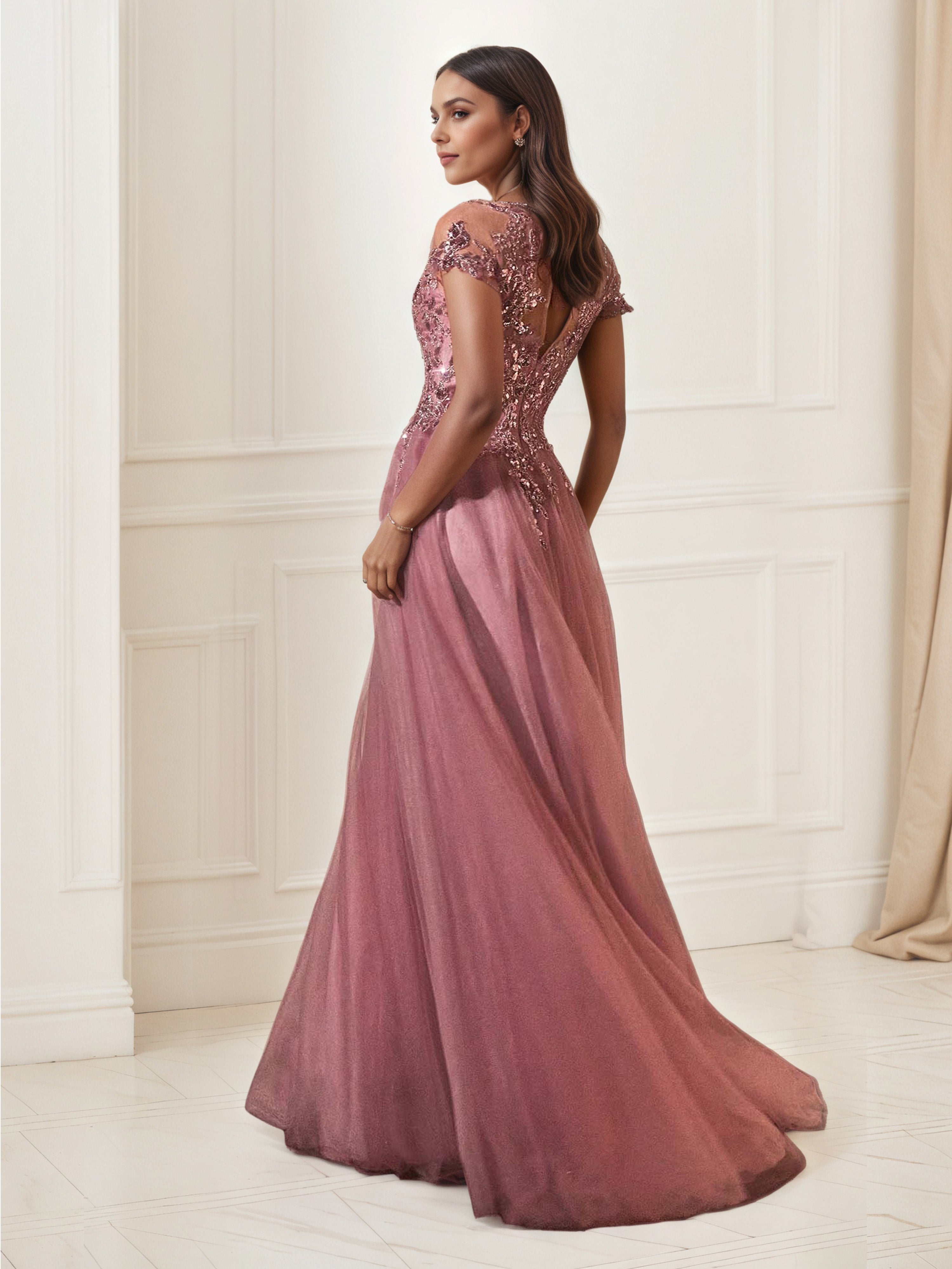 Sparkly Sequins Dusty Rose Prom Dress Appliqued Tulle V Neck Prom Dress