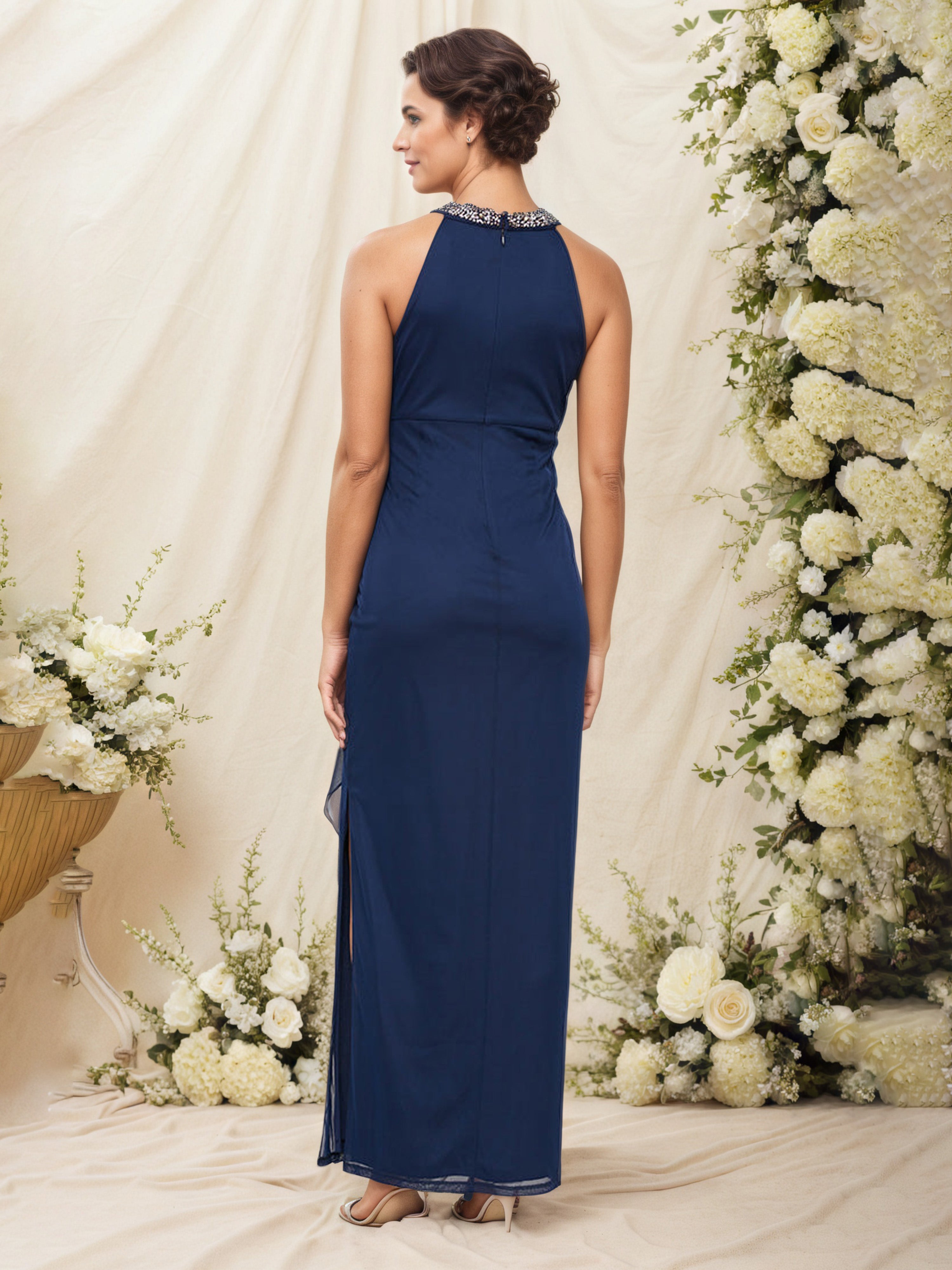 Embellished Halter Neckline Sleeveless Maxi Chiffon Dark Navy Mother Of The Bride Dresses