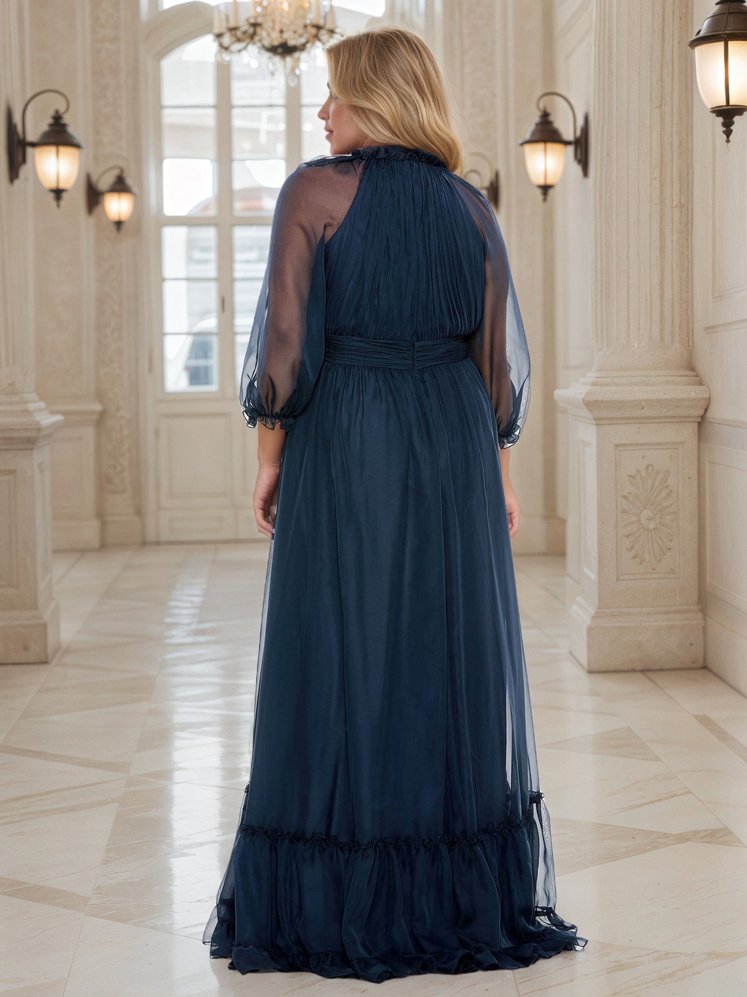 Illusion Long Sleeves Ruffle Jewel Dark Navy Prom Dress Pleats A-Line Plus Size Dress