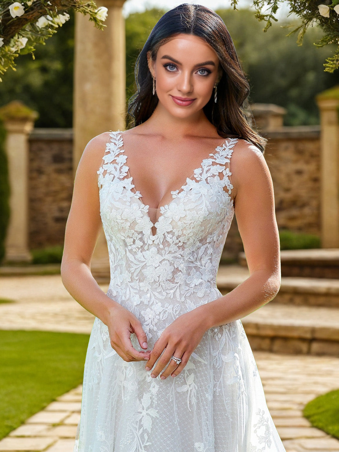A Line V Neck Lace Sleeveless Tulle Sweep/Brush Train Wedding Dress