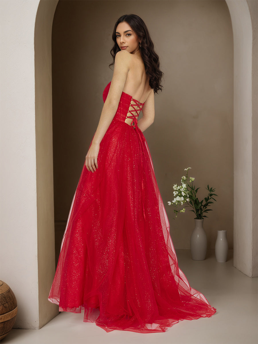 Cicinia Red Prom Dresses Glitter Tulle A-Line Strapless Sweep Train Evening Gowns
