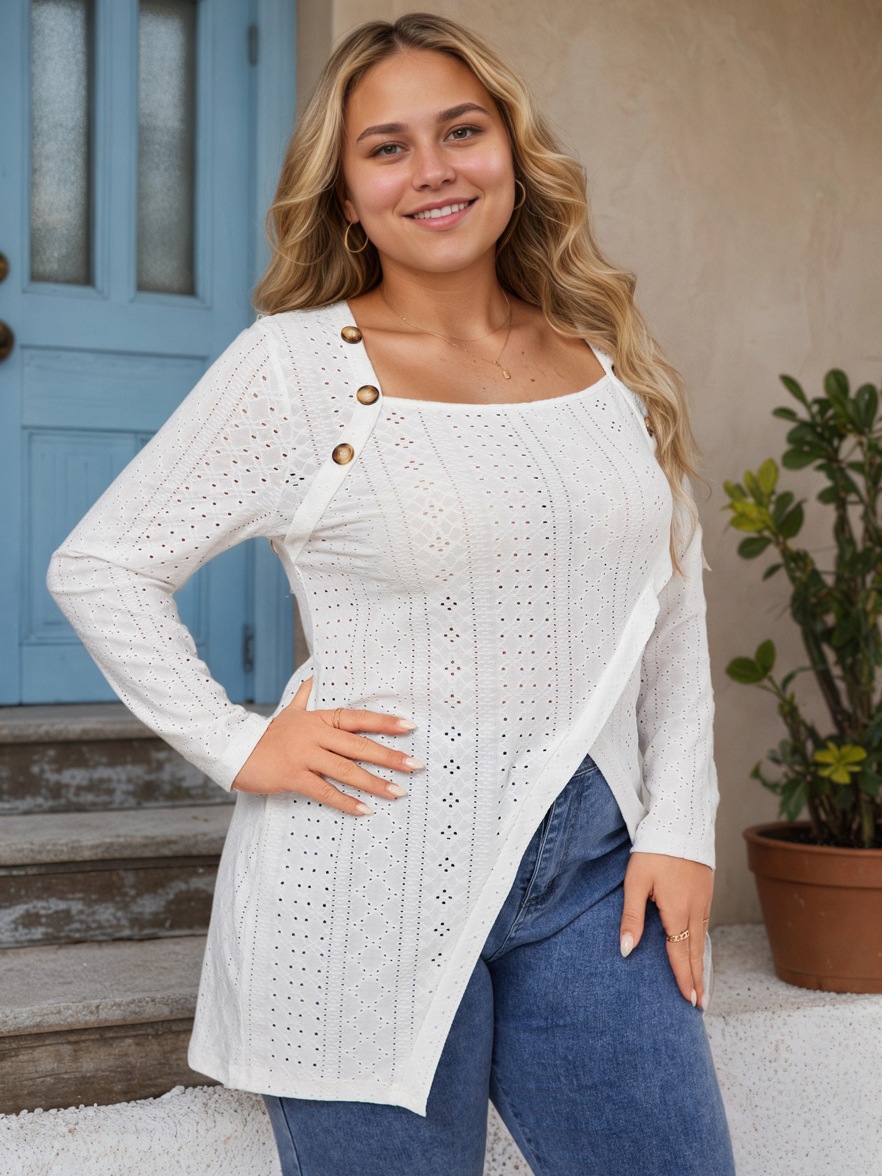 Plus Square Neck Long Sleeves Asymmetrical Hem Blouse