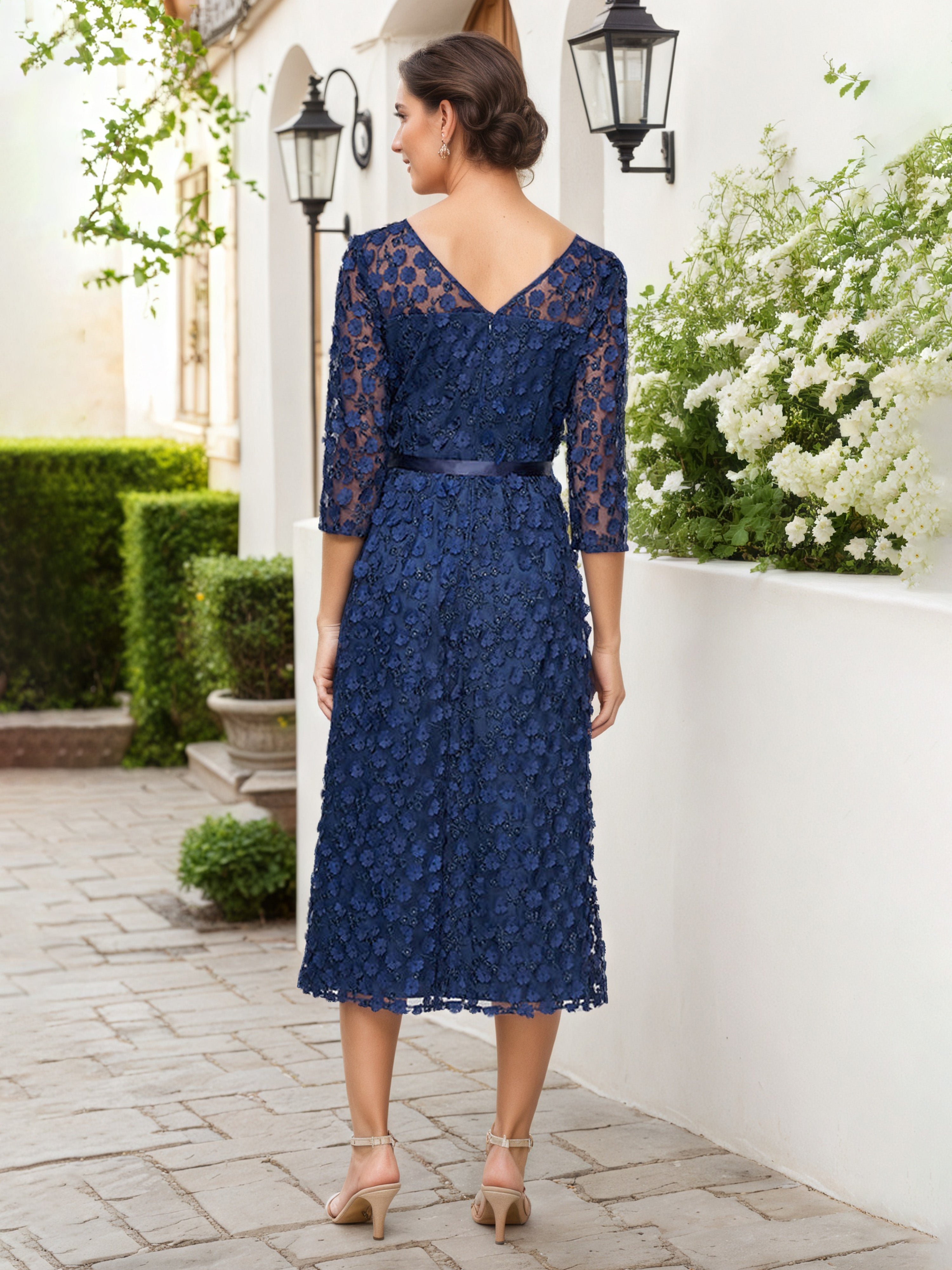 Dark Navy 3D Flower Illusion Neckline 3/4 Sleeves Tea Length Mother Of The Bride Dress