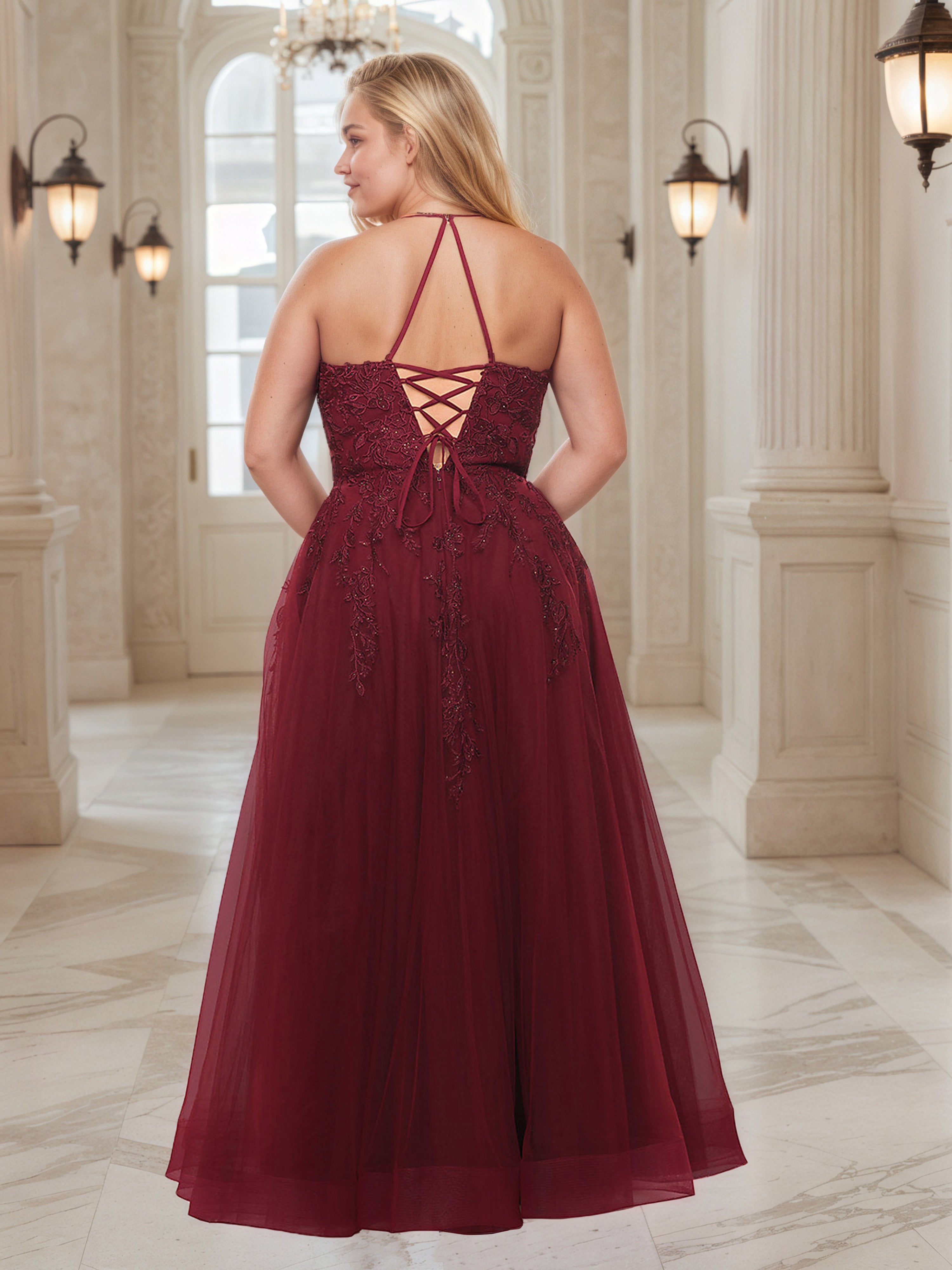 Halter Lace Embroidery Sleeveless Long Tulle Plus Size Dress with Split