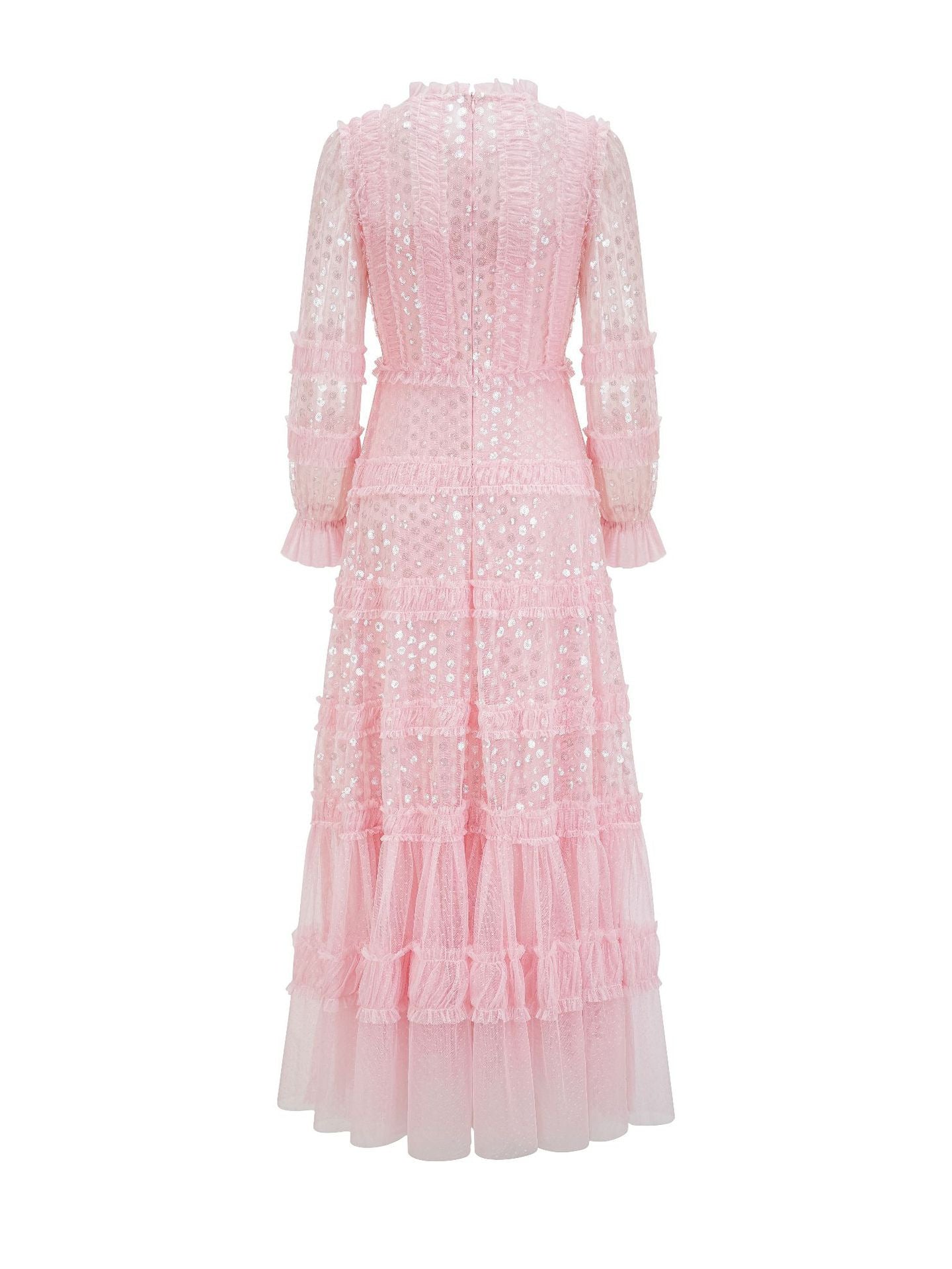 A Line Sequins Solid Color Pink Long Sleeves Prom Dress