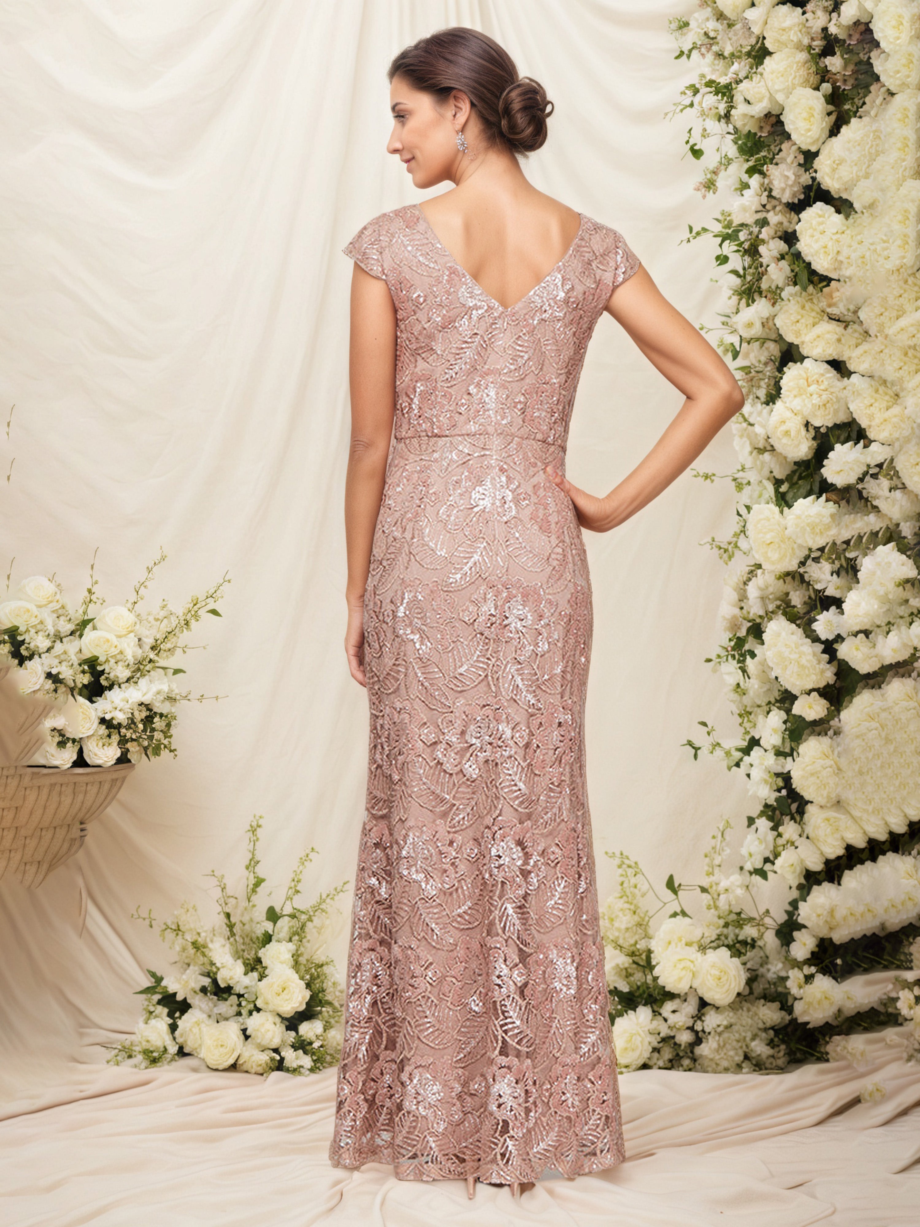 Long Embroidered Gown Cap Sleeves Rose Gold Sequins Mother Of The Bride Dress