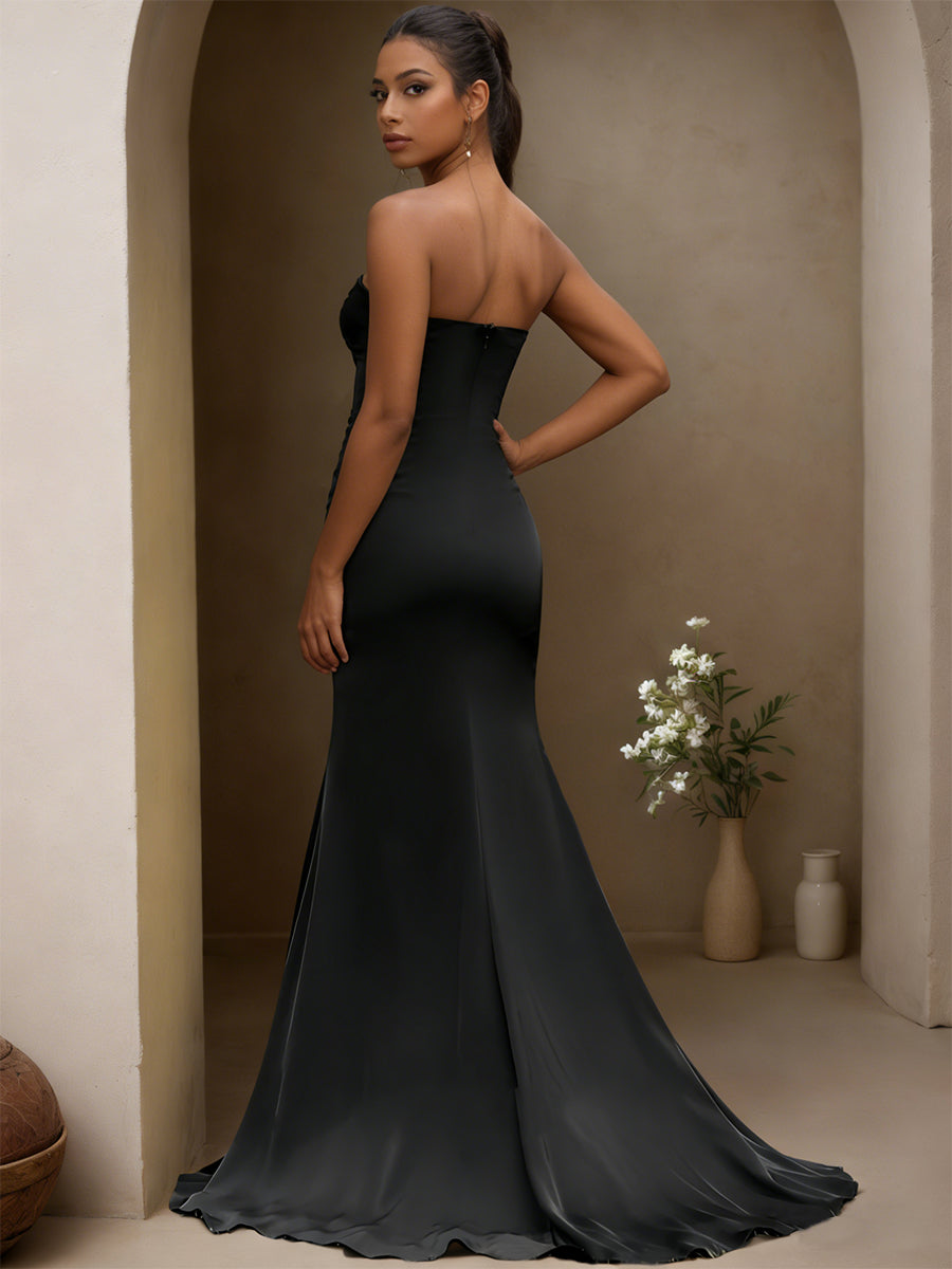 Cicinia Black Prom Dresses Stretch Fabric Sheath Slit Strapless Party Gowns with Bowknot