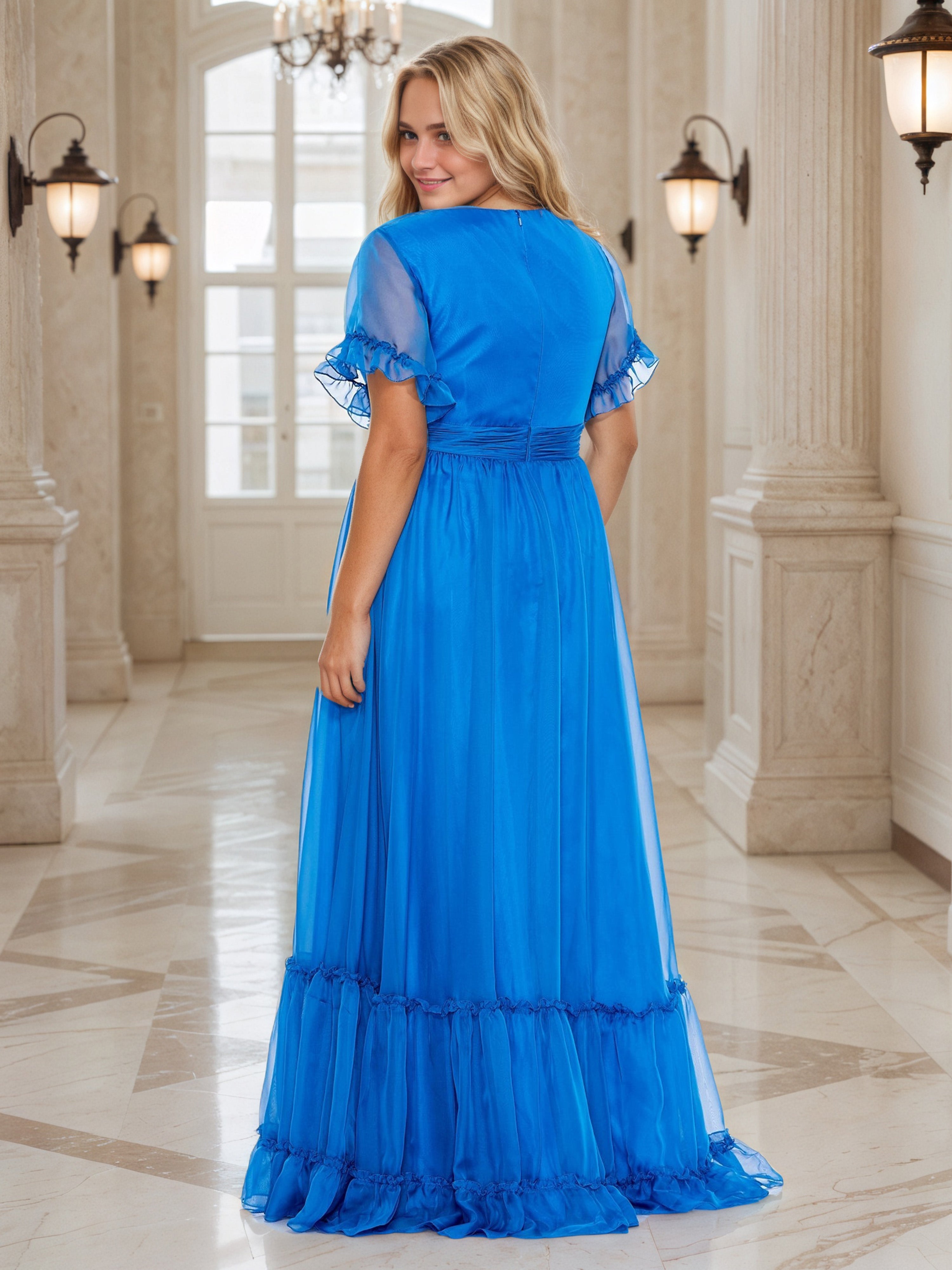 Ocean Blue Prom Dress V-Neck A-Line Short Sleeves Floor Length Plus Size Dress
