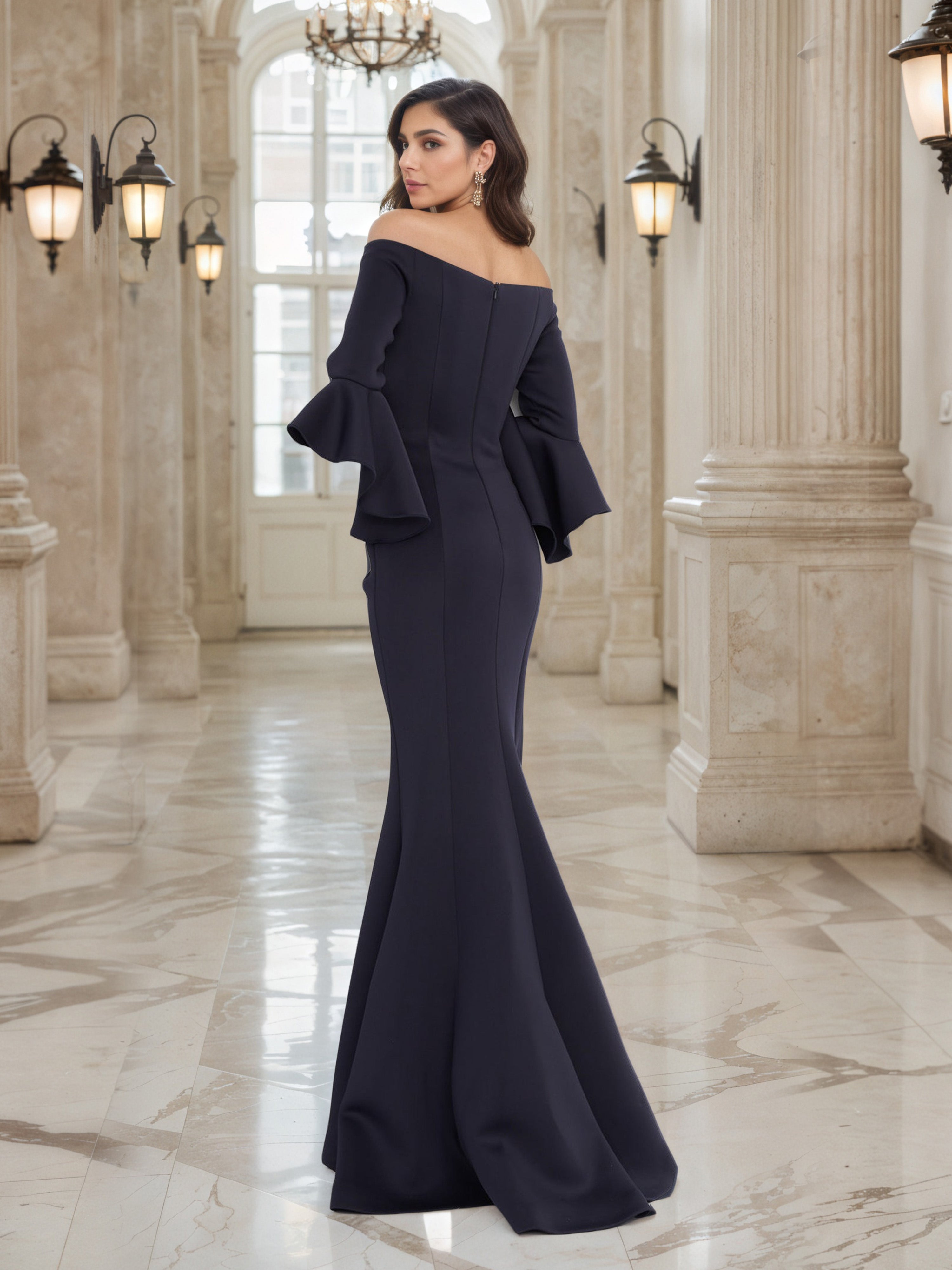 Dark Navy Prom Dress Mermaid Off the Shoulder Bell Sleeves Prom Dress