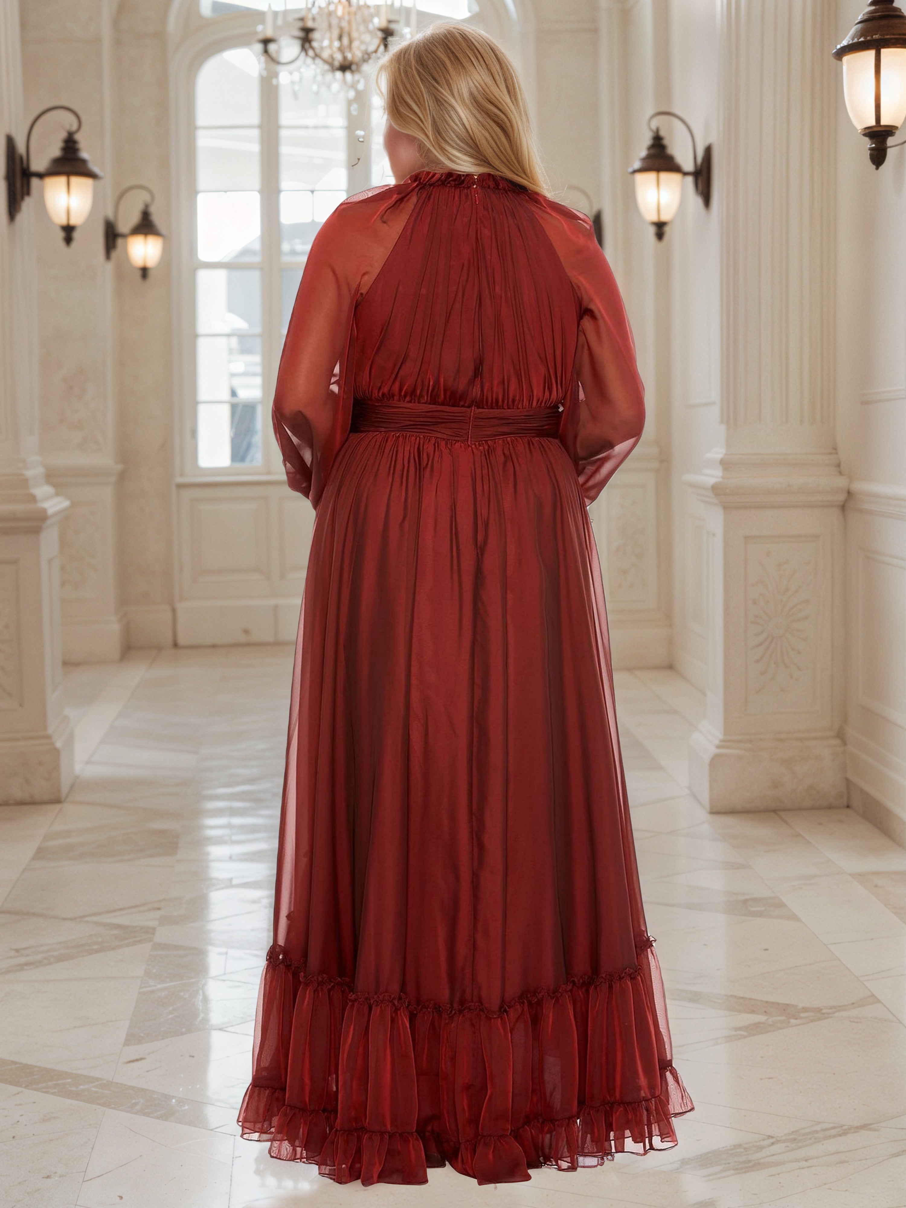 Jewel A-Line Rust Prom Dress Layers High Low Plus Size Dress with Illusion Sleeves