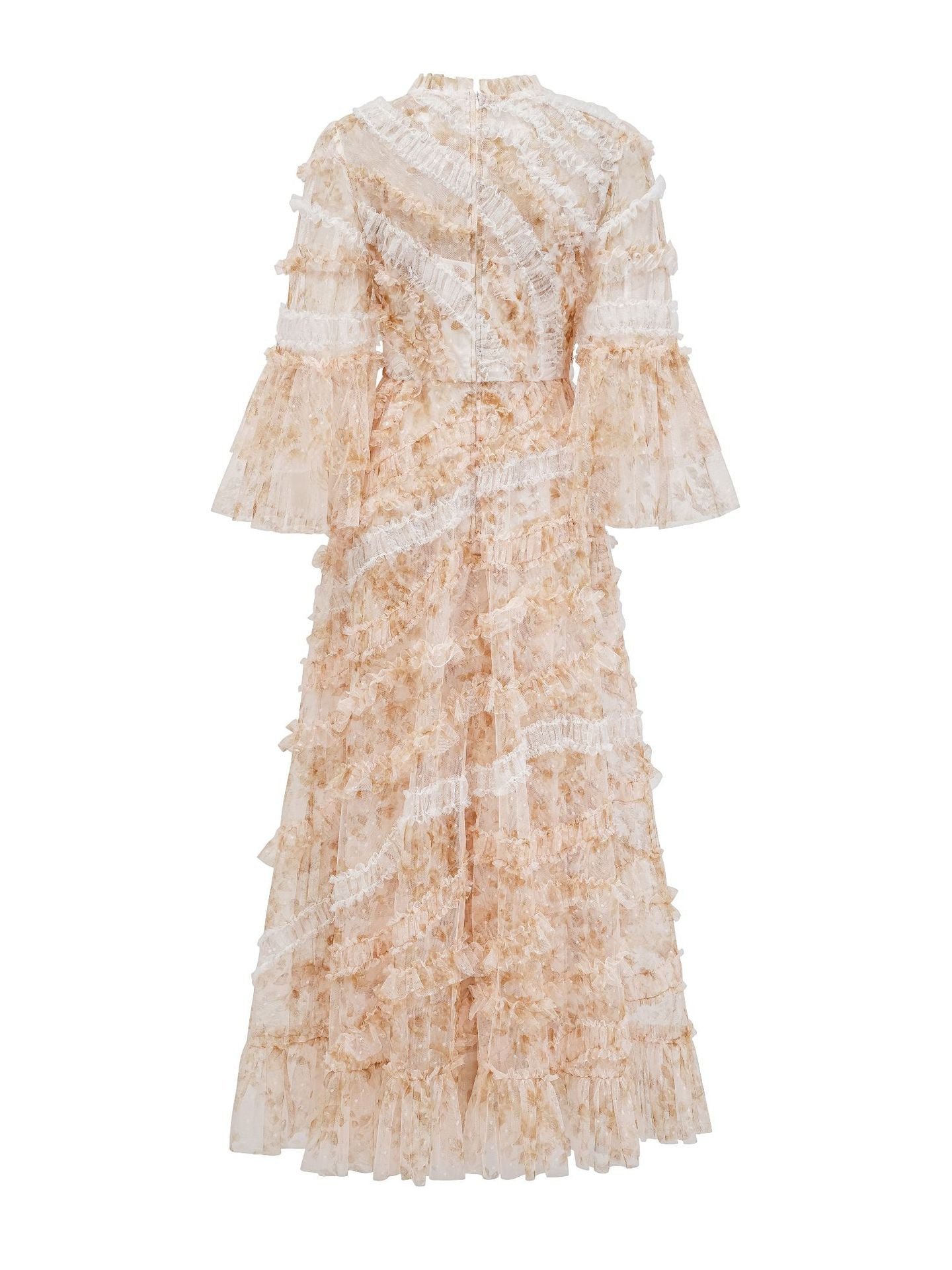 Ruffles Round Neck A Line 3/4 Length Sleeves Apricot Evening Prom Dress