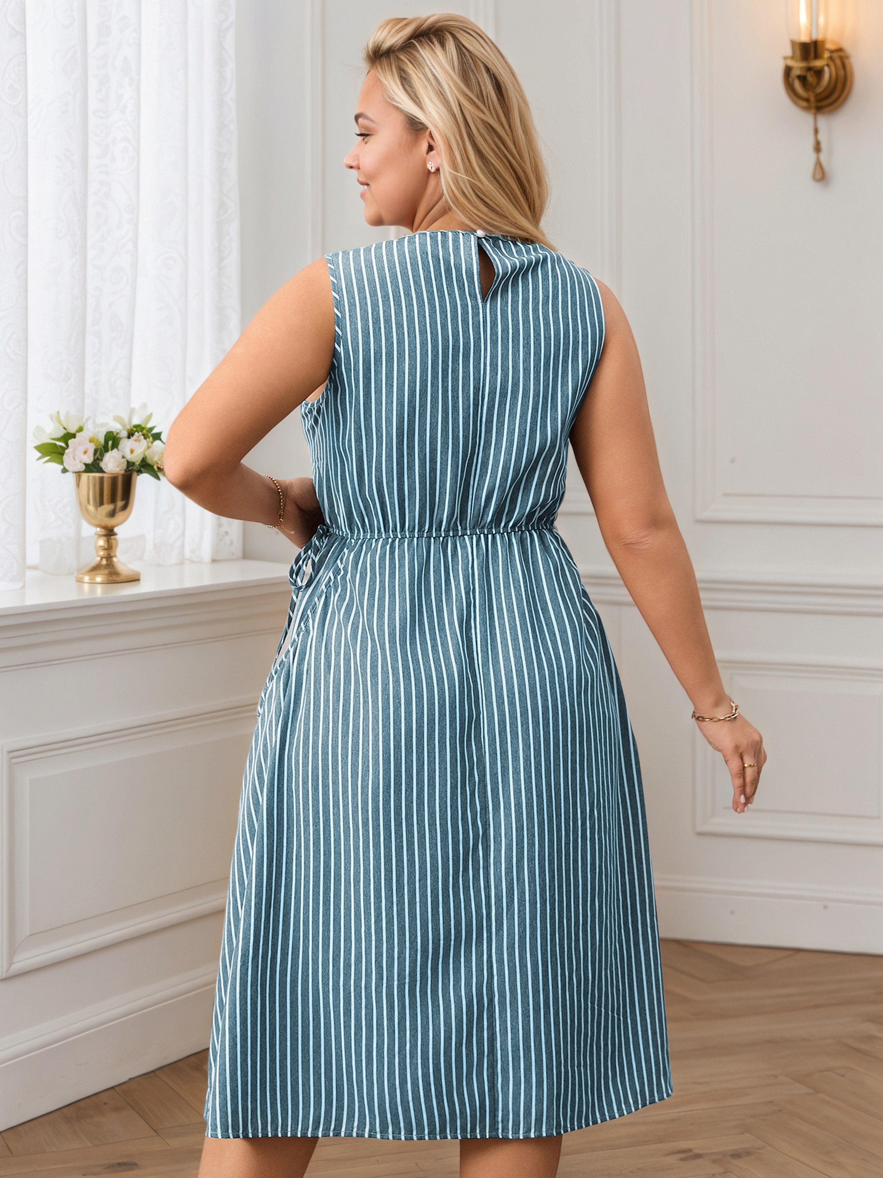 Striped Print Jade Sleeveless Tea Length Plus Size Dress