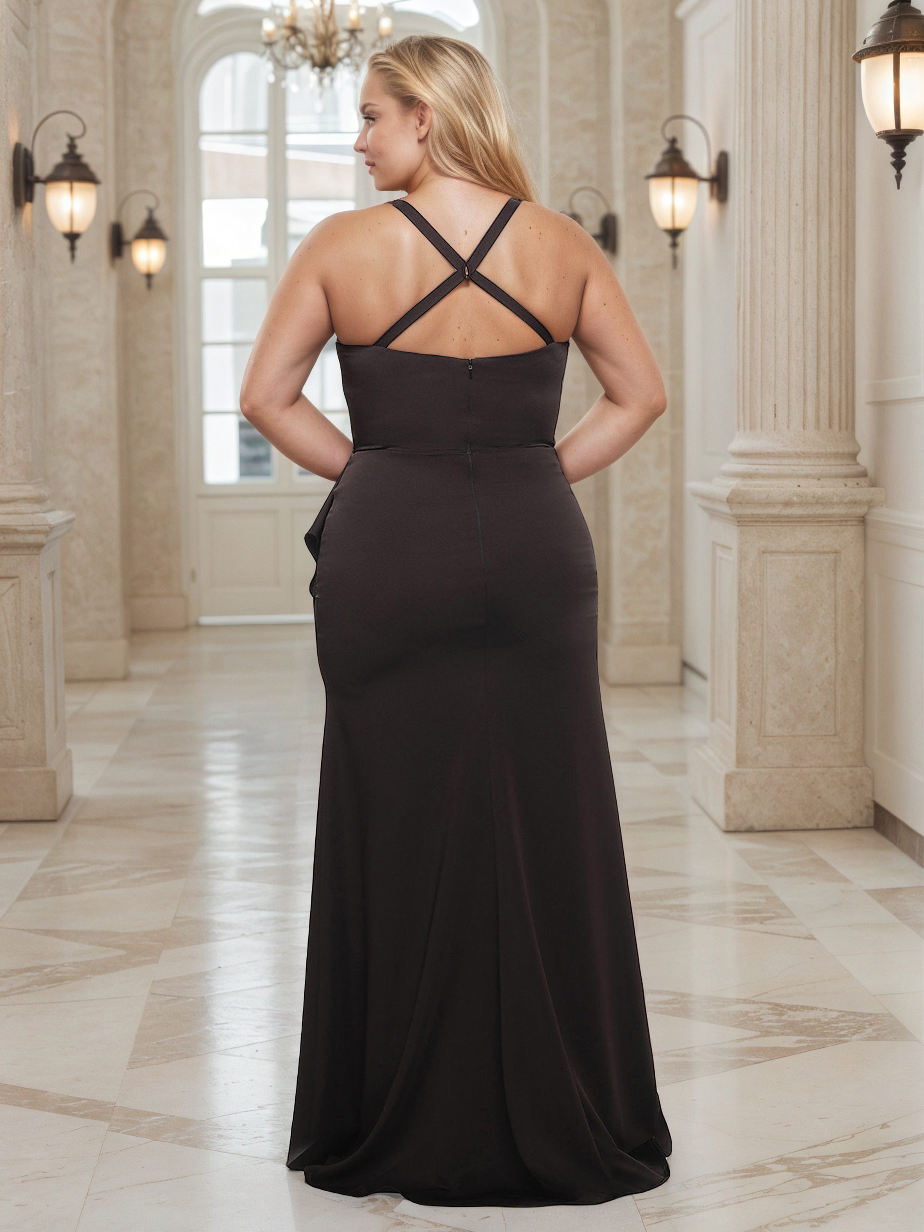 Square Neckline Sheath Spaghetti Straps Ruched Plus Size Dress with Ruffle Split Side