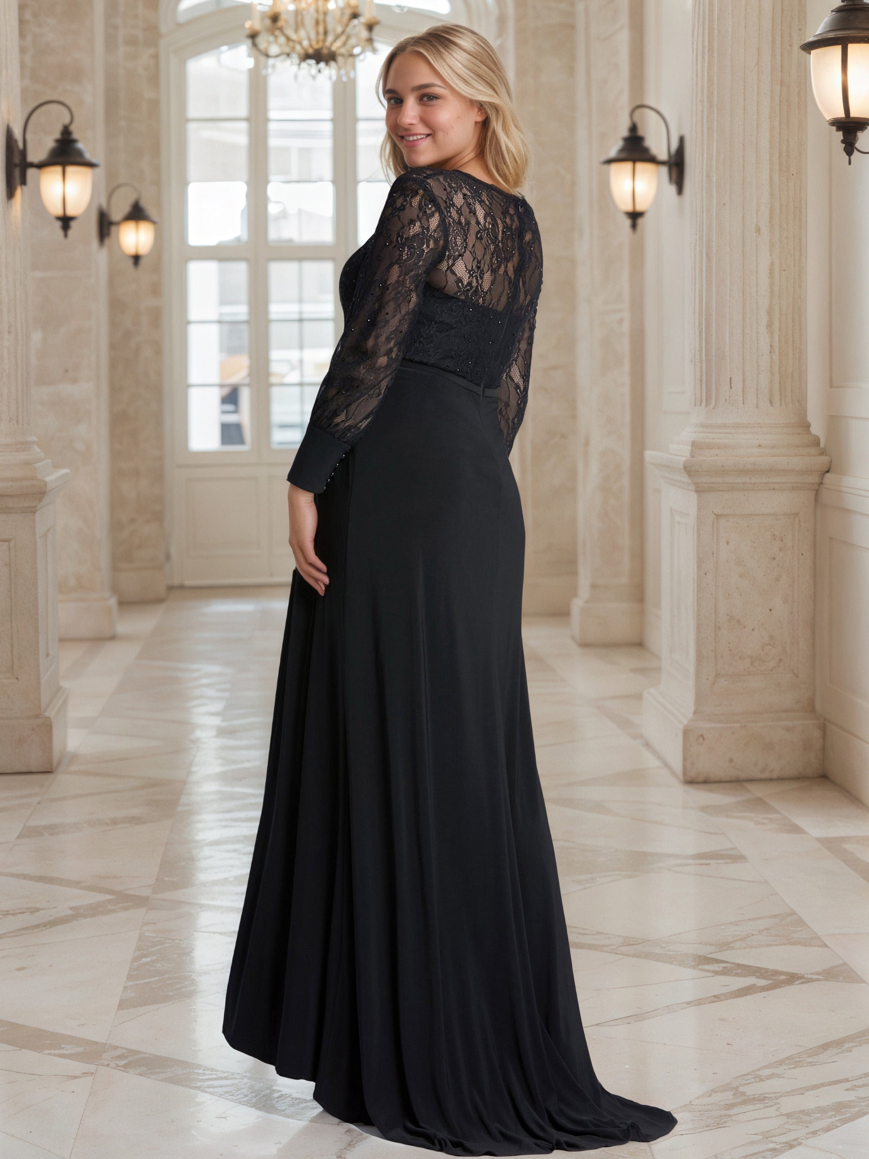 Black Prom Dress Lace Bodice Sheath Pleats Long Sleeves Plus Size Dress with Split