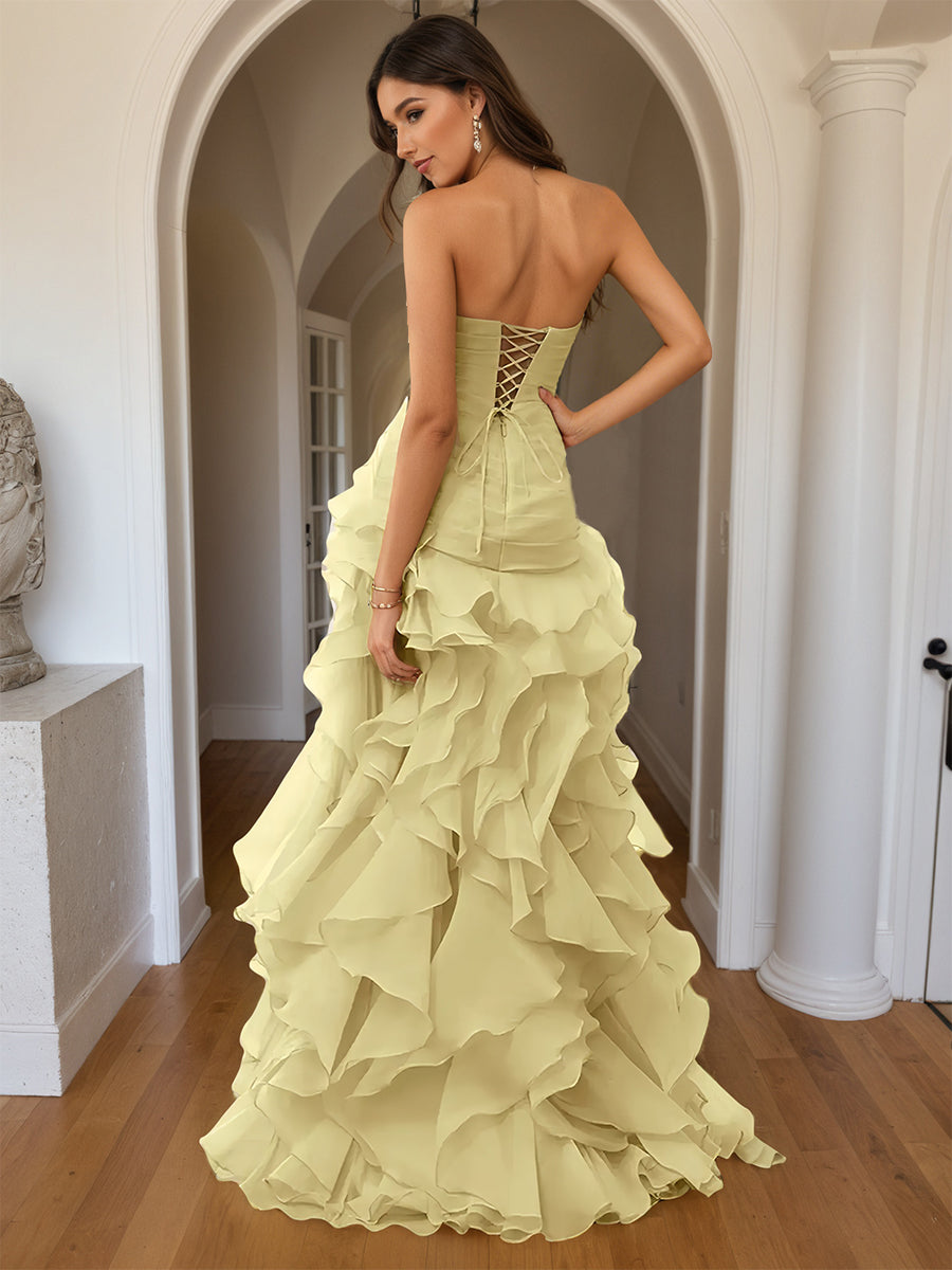 Cicinia Yellow Prom Dresses Sheath Slit Strapless Sleeveless Layers Ruffles Side Gowns