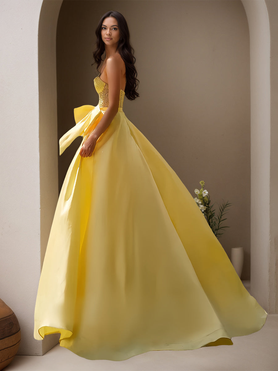 Cicinia Yellow Prom Dresses Satin Sweetheart A-Line Floor Length with Bowknot Beaded Gowns