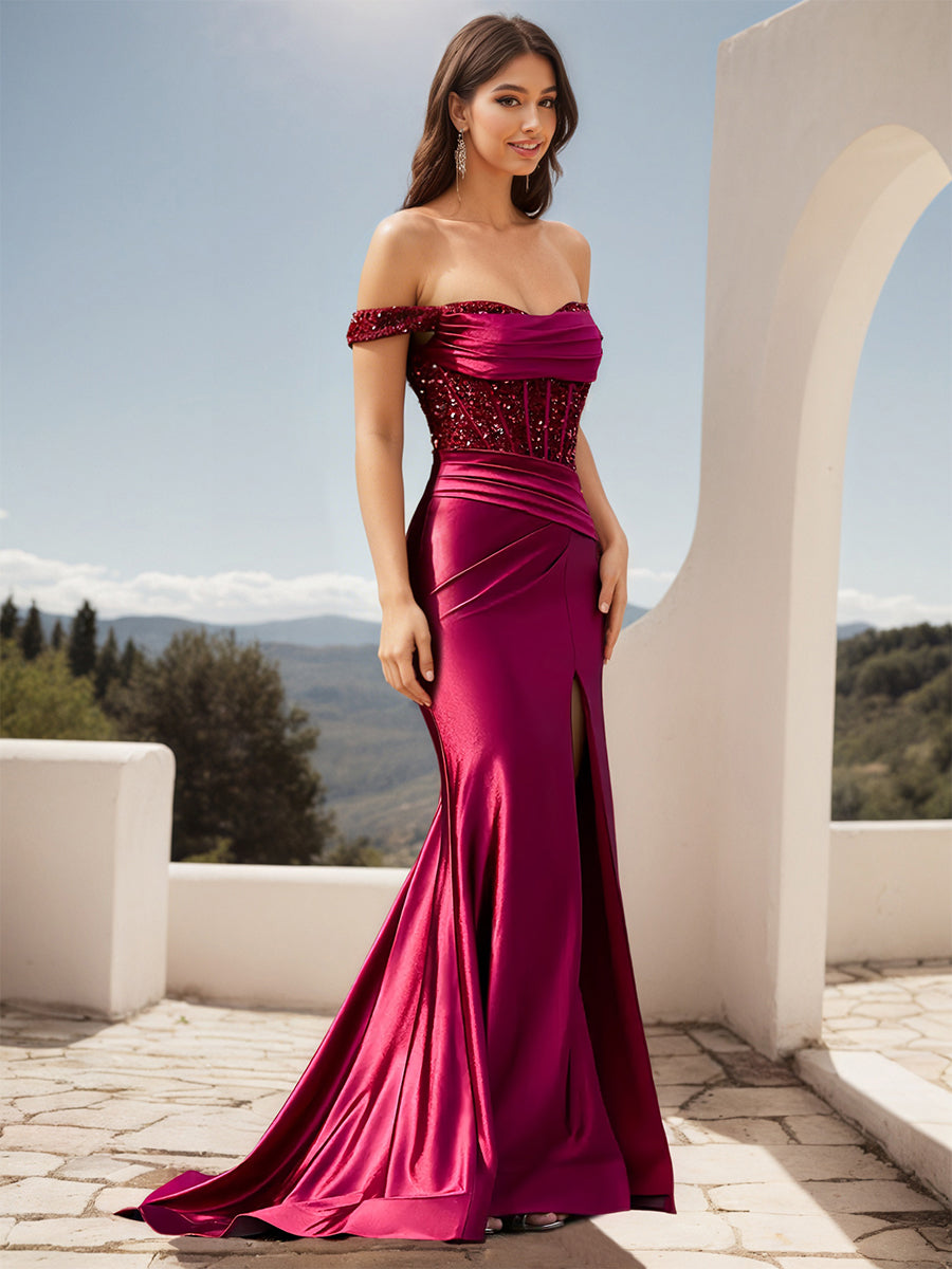 Cicinia Fuchsia Prom Dresses Stretch Fabric Off The Shoulder Sheath Slit Sweep Train Evening Gown