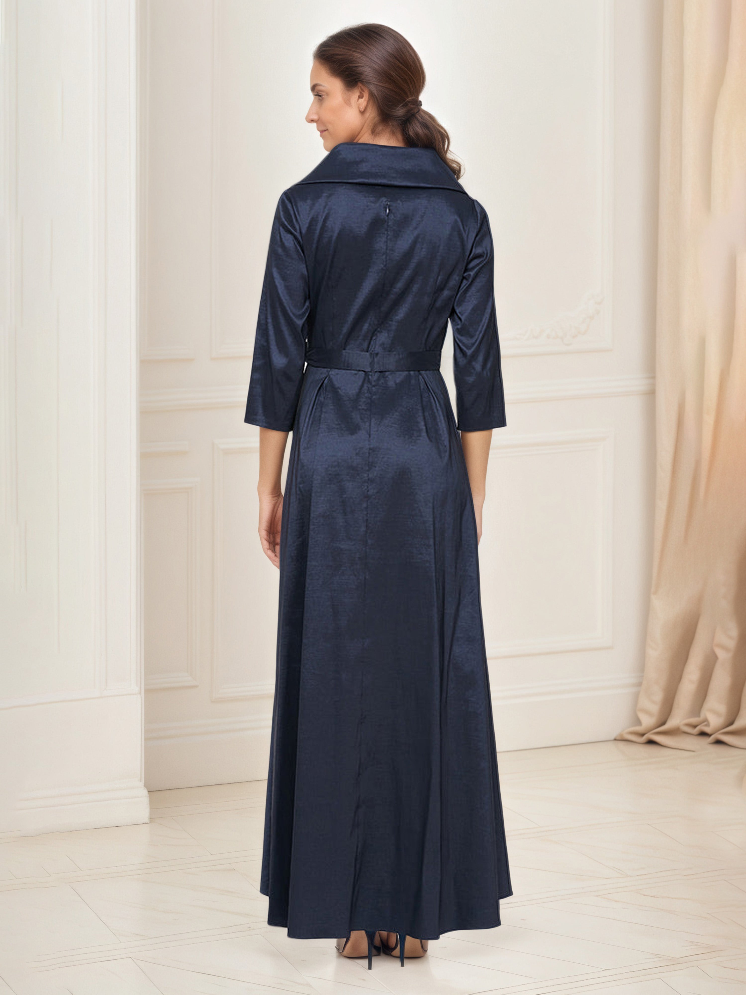 3/4 Sleeves High Low A-Line Dark Navy Mother Of The Bride Dress with Tie Belt
